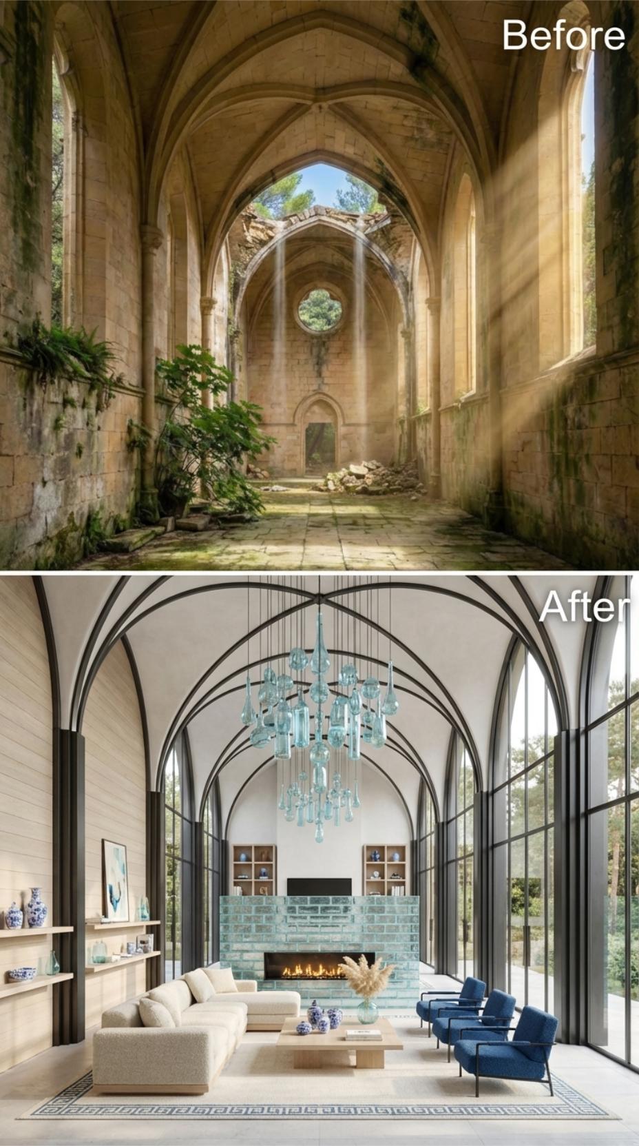 Bleached Vaults, Aqua Glass Chandelier, and Blue Velvet Chairs Inside a Restored Stone Nave