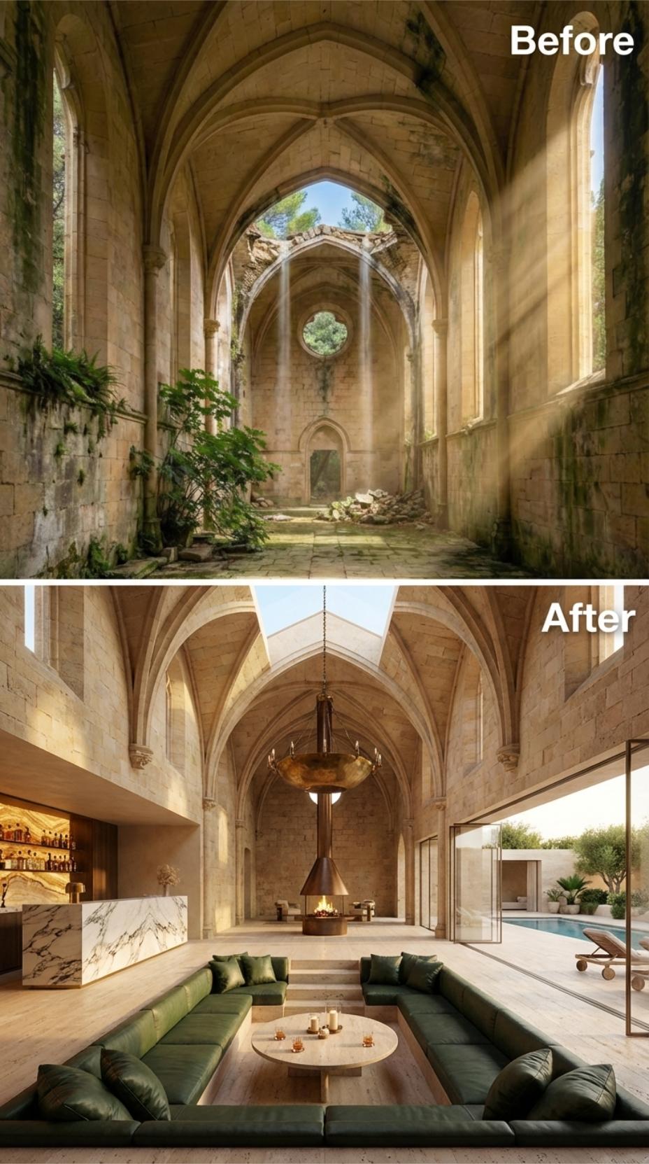 Ribbed Stone Vaulting Overhead, Green Velvet Below: Gothic Ruins as a Living Room