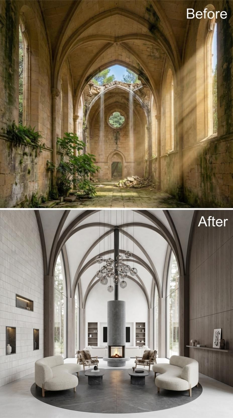 Whitewashed Ribbed Vaults, a Cylinder Fireplace, and Boucle Seating Inside a Restored Gothic Nave