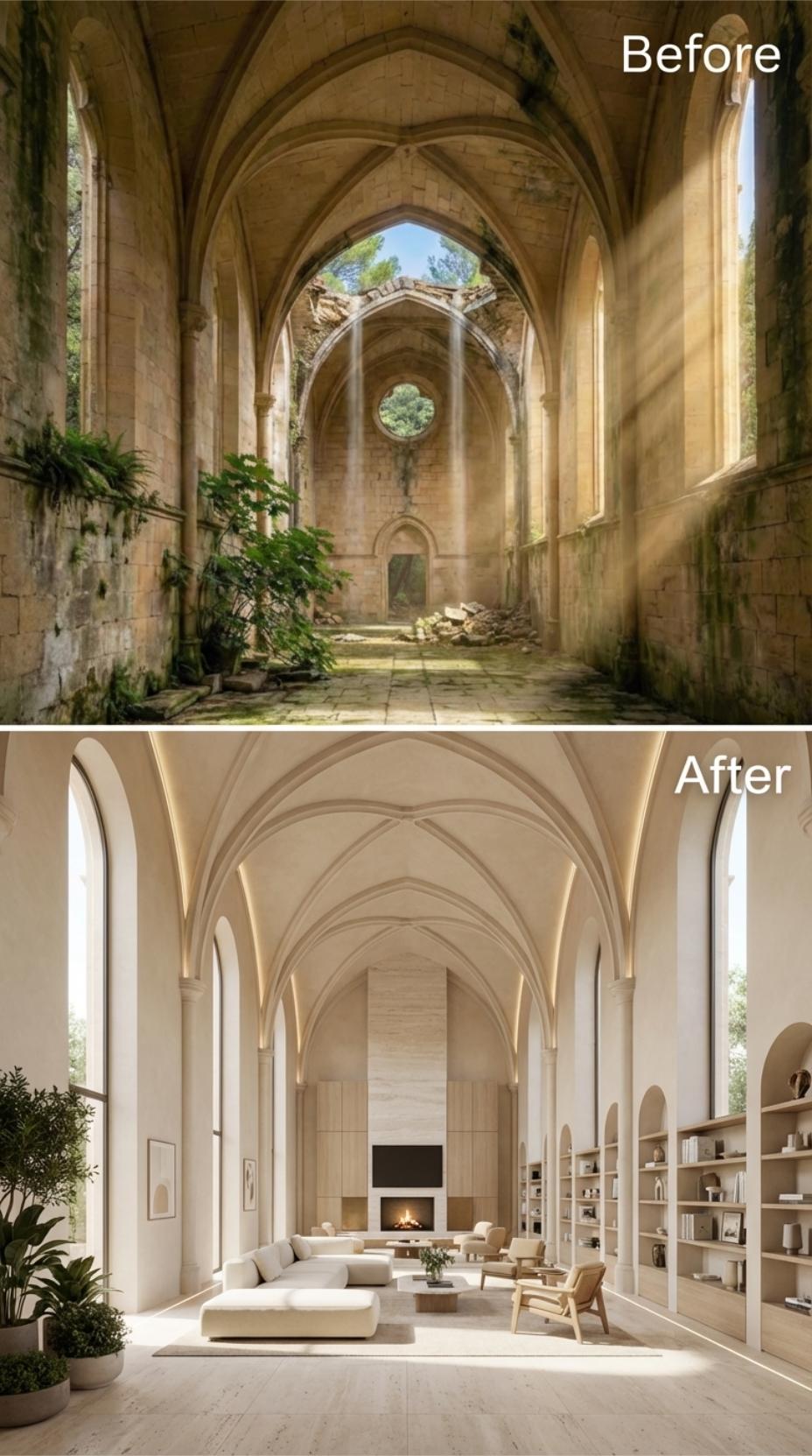 Plaster-White Ribbed Vaults, Built-In Oak Shelving, and a Stone Fireplace Slab in a Restored Gothic Nave