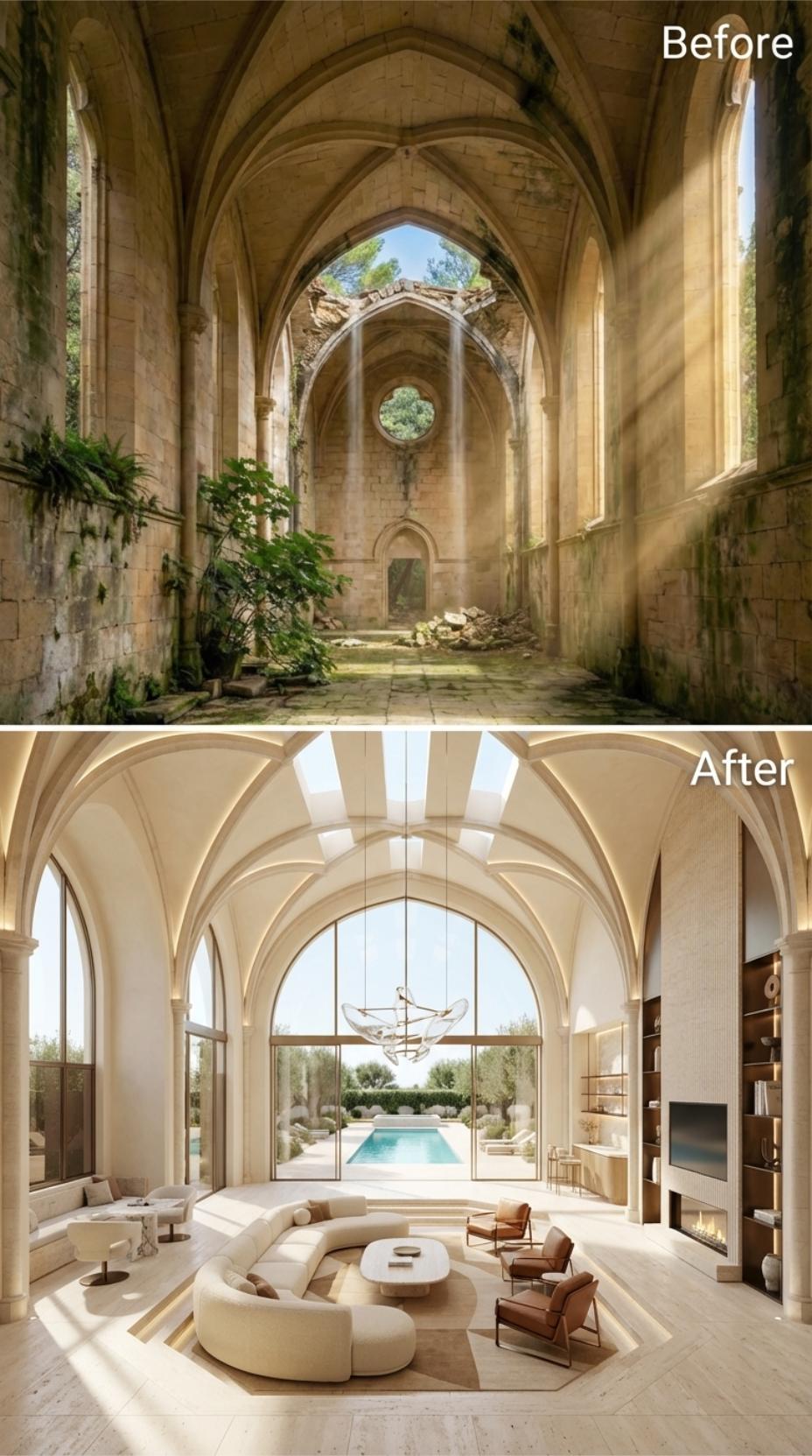 Plaster Vaults and a Sunken Boucle Pit Open Onto a Pool Through Full-Height Glass