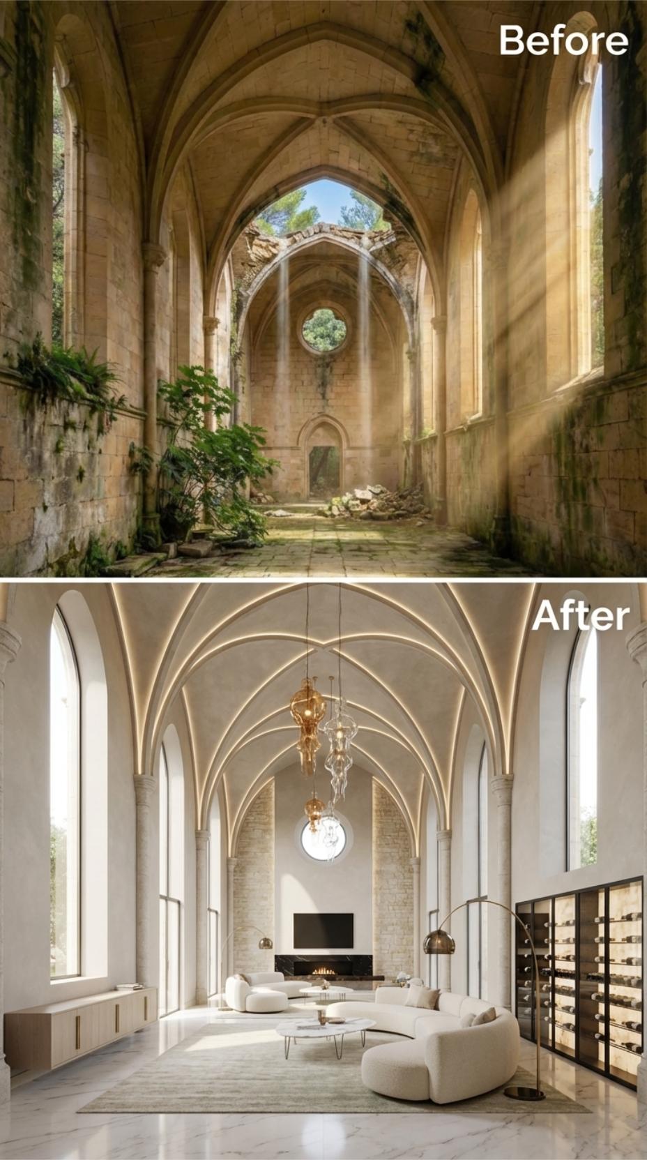 Ruined Gothic Nave Reborn With Plaster Vaulting and Blown-Glass Pendants