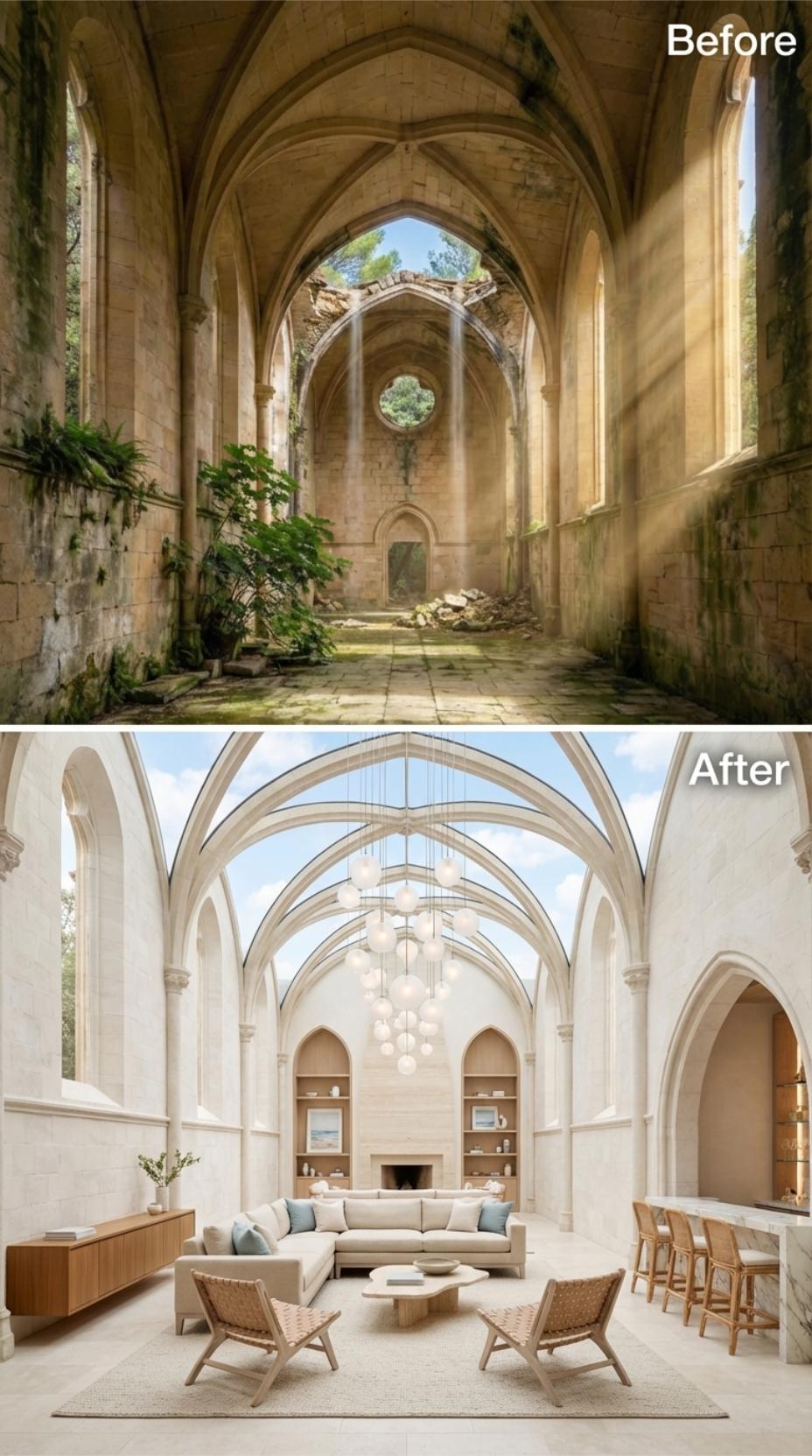 Glass Vaulting and Orb Pendants Fill a Gothic Nave Stripped Down to Bone White
