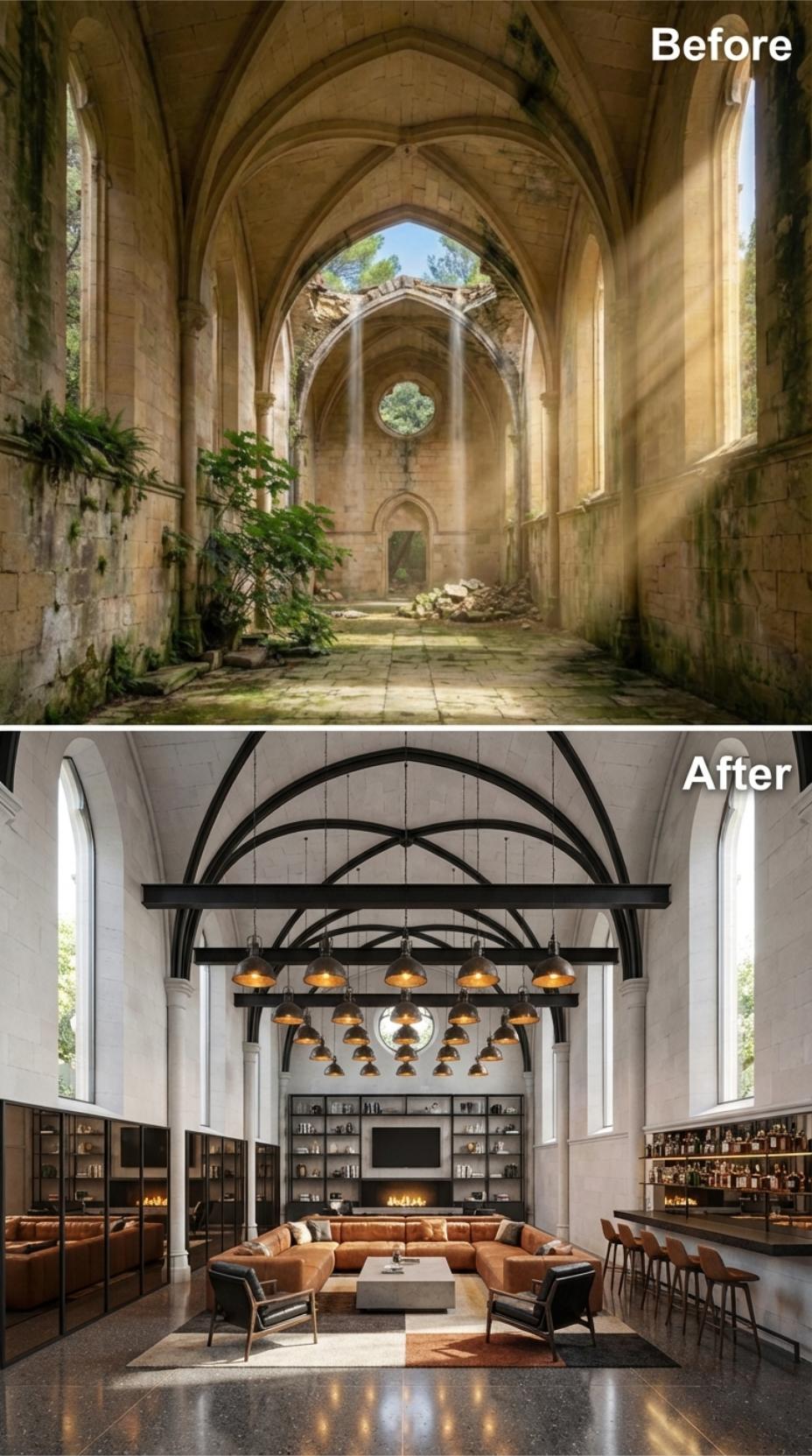 Leather Sofas and Pendant Clusters Inside a Gothic Shell Stripped to White Stone