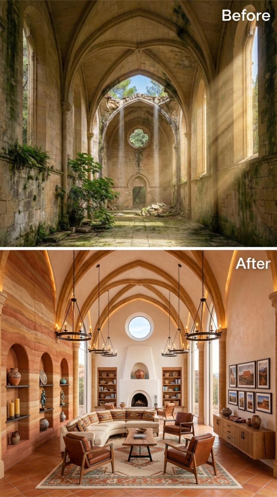 Terracotta Floors and Wagon-Wheel Chandeliers Inside Gothic Ribbed Vaulting