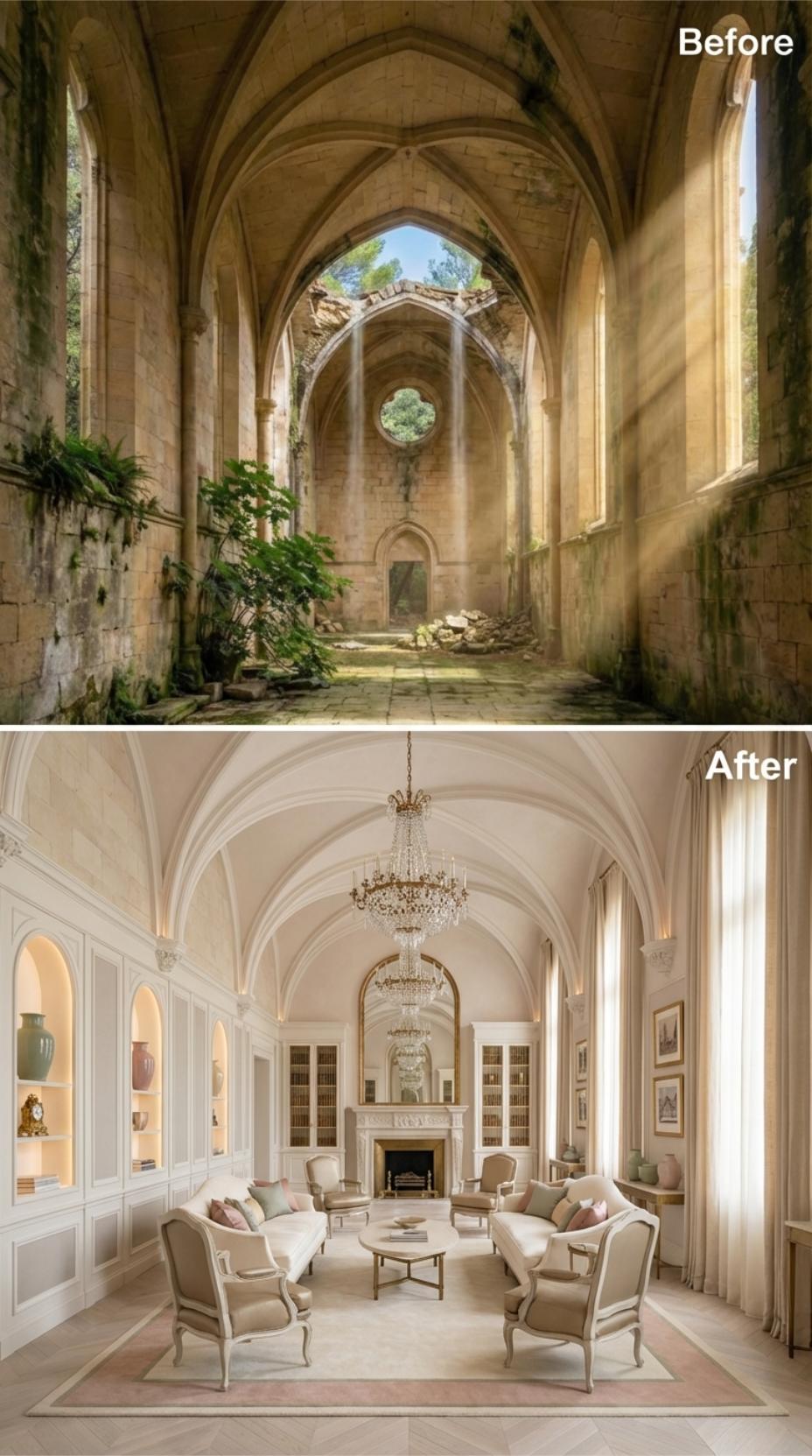 Groin Vaulting in Bone White, Crystal Chandeliers, Louis XV Seating