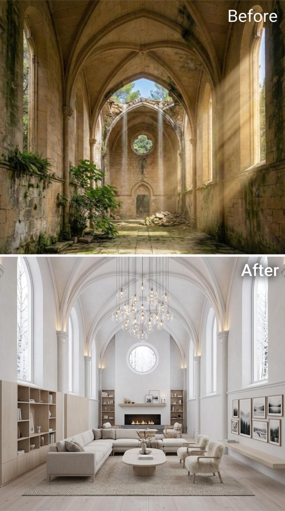 Bone-White Groin Vaults and Globe Pendants Reclaim a Roofless Gothic Nave