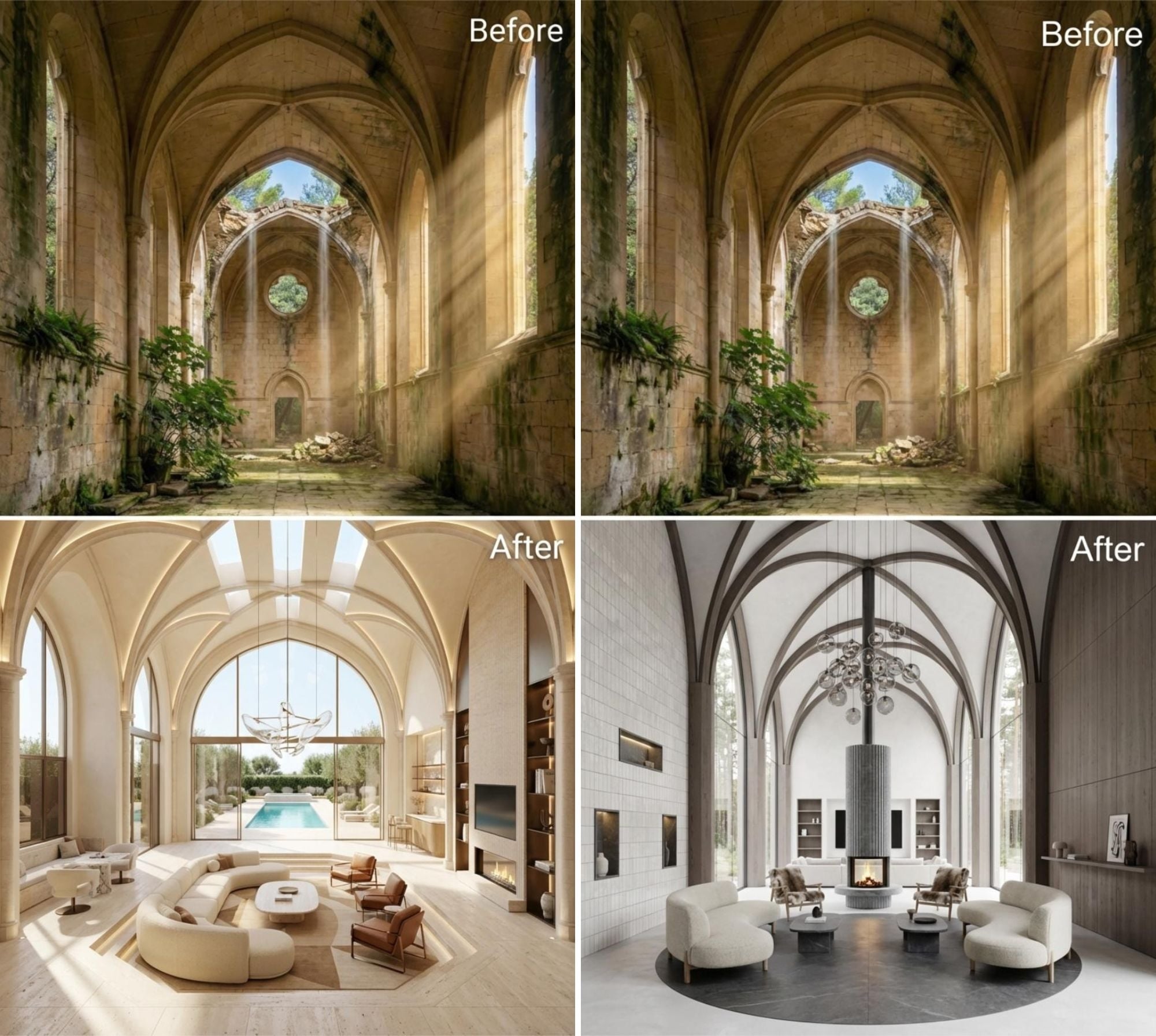 30 Ultra Luxe Living Rooms That Rose From the Wreckage of an Abandoned Gothic Church (Before & After Transformations)