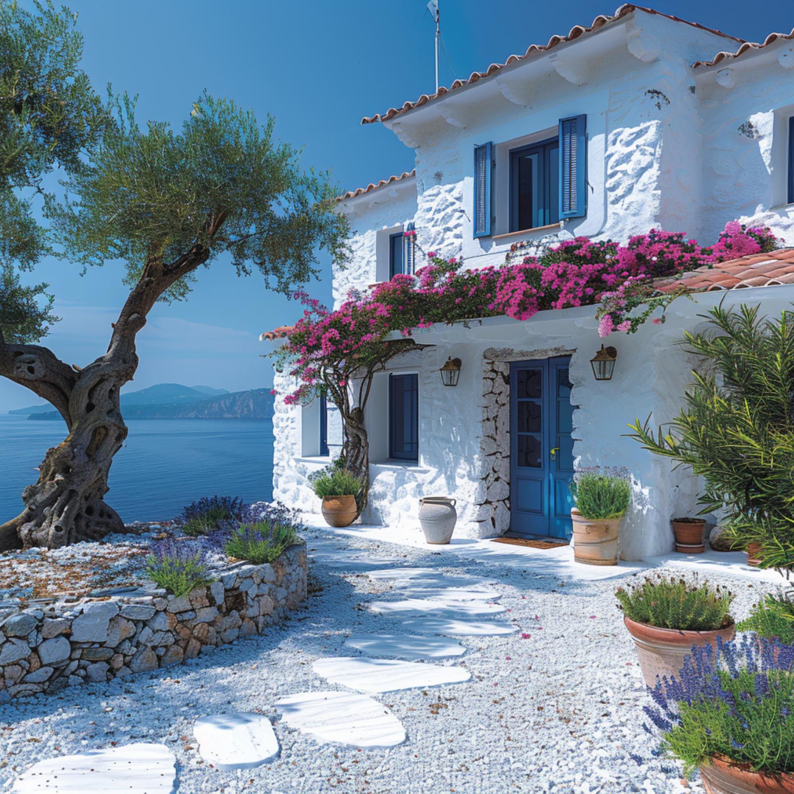 Whitewashed Stone, Bougainvillea, and an Ancient Olive Tree Stand In for Grass