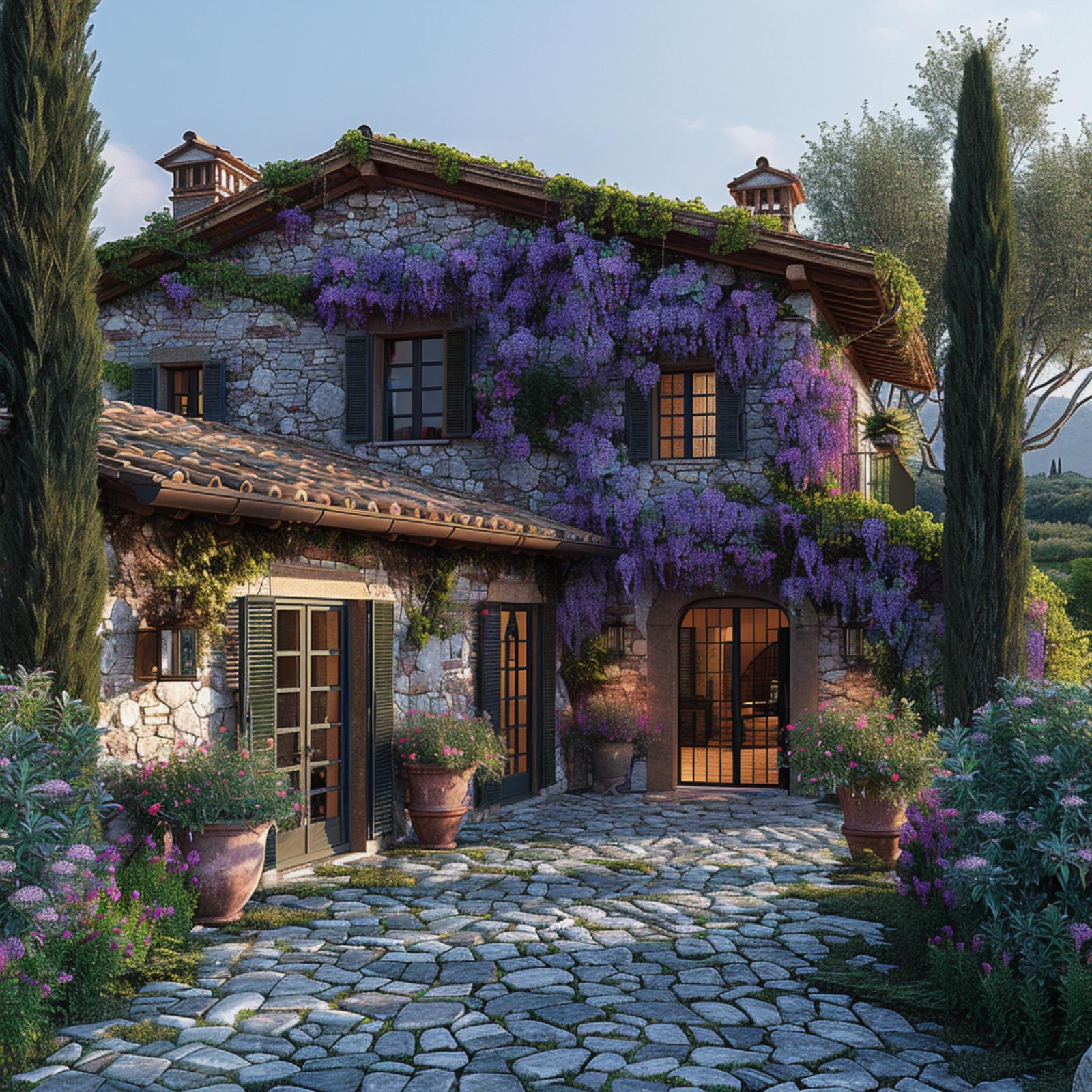Wisteria-Draped Stone and Cobblestone Court Pull Off Lawn-Free Elegance
