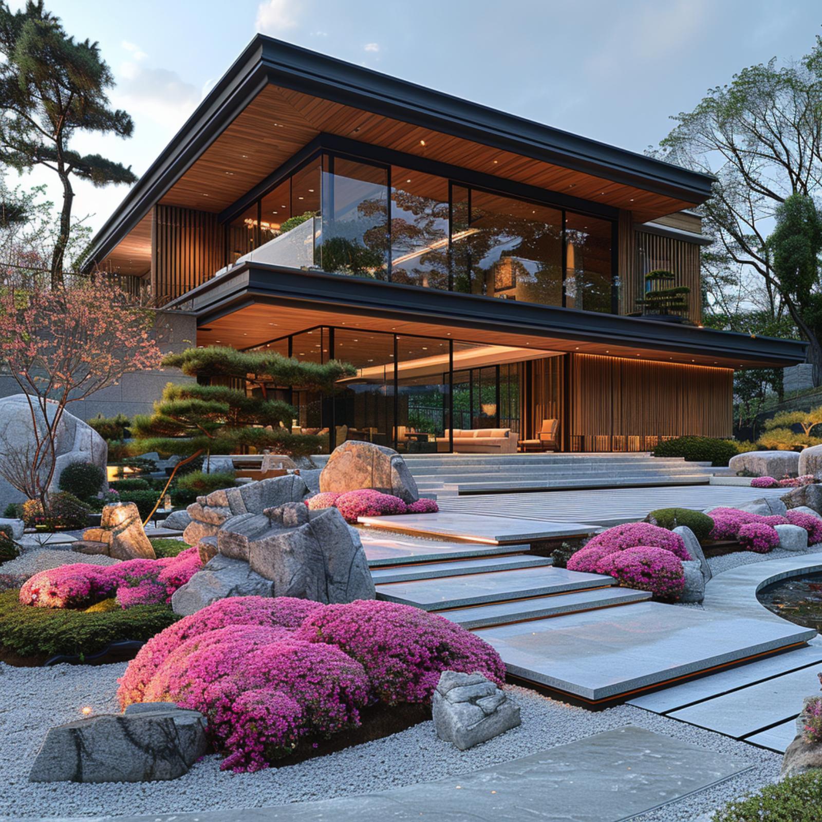 Pink Azalea Mounds and Raked Gravel Give This Japanese-Modern Exterior Its Edge