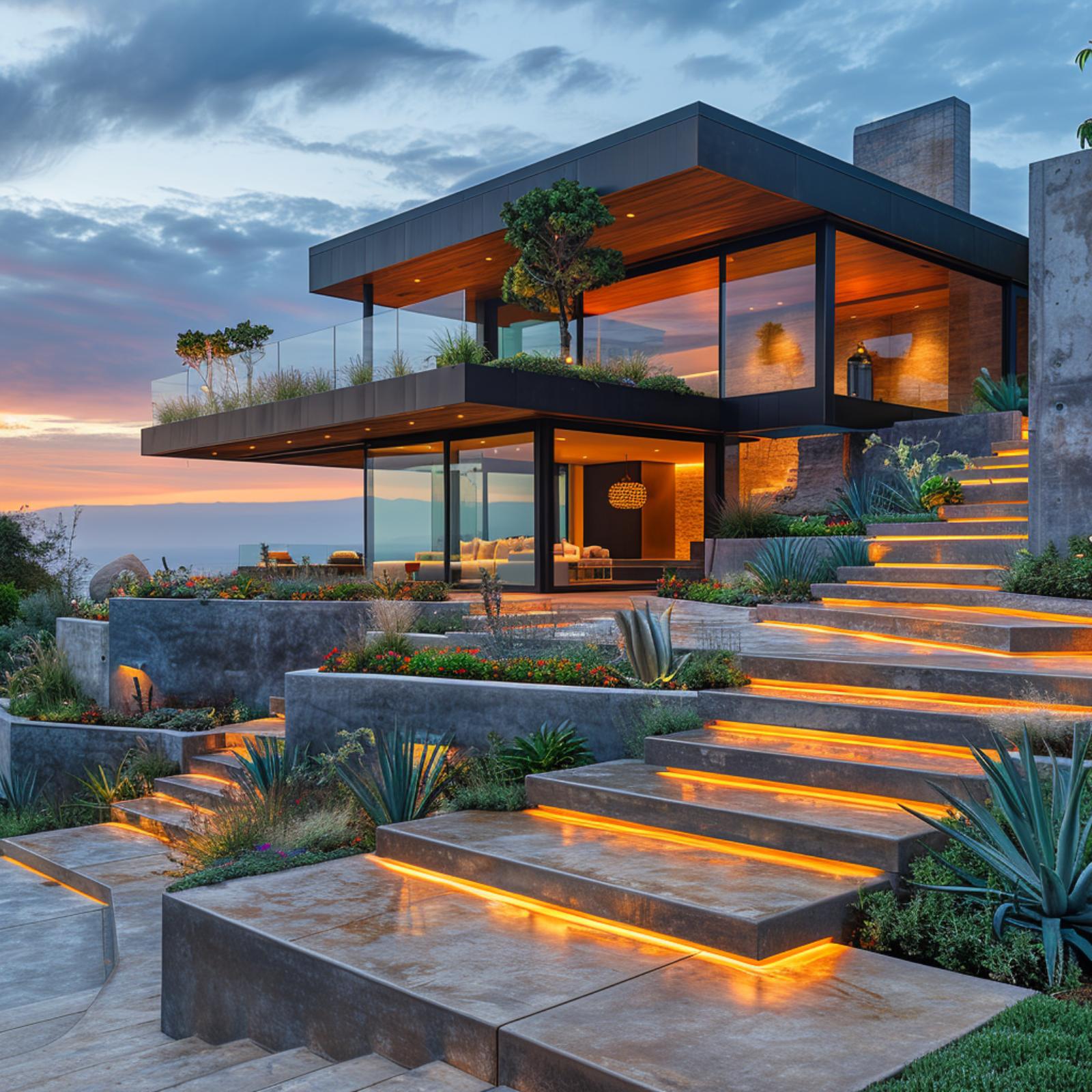 Illuminated Concrete Steps and Agave Plantings Replace Every Inch of Turf