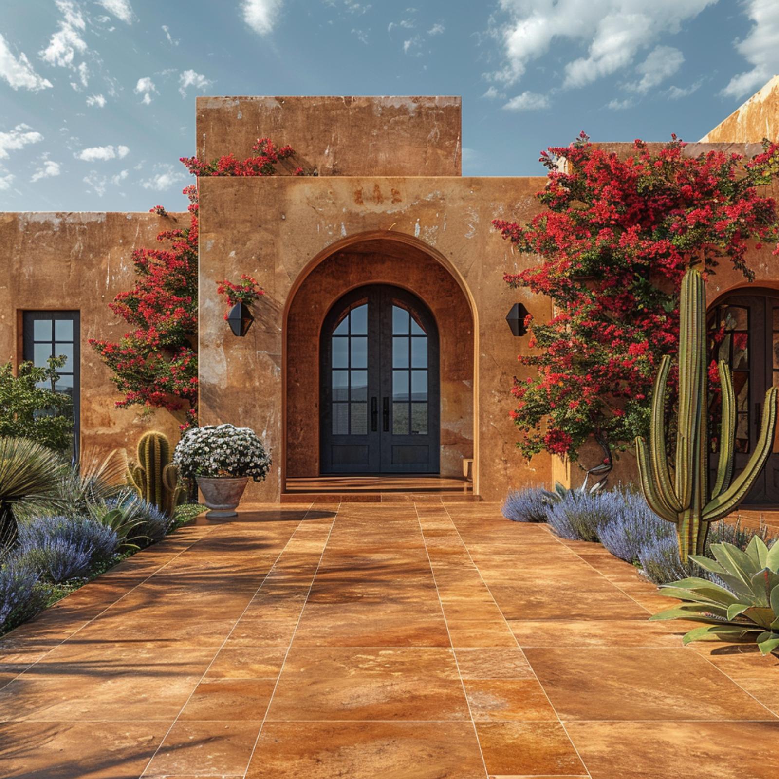 Bougainvillea, Saguaro, and Arched Iron Doors Pull Off What Grass Never Attempted