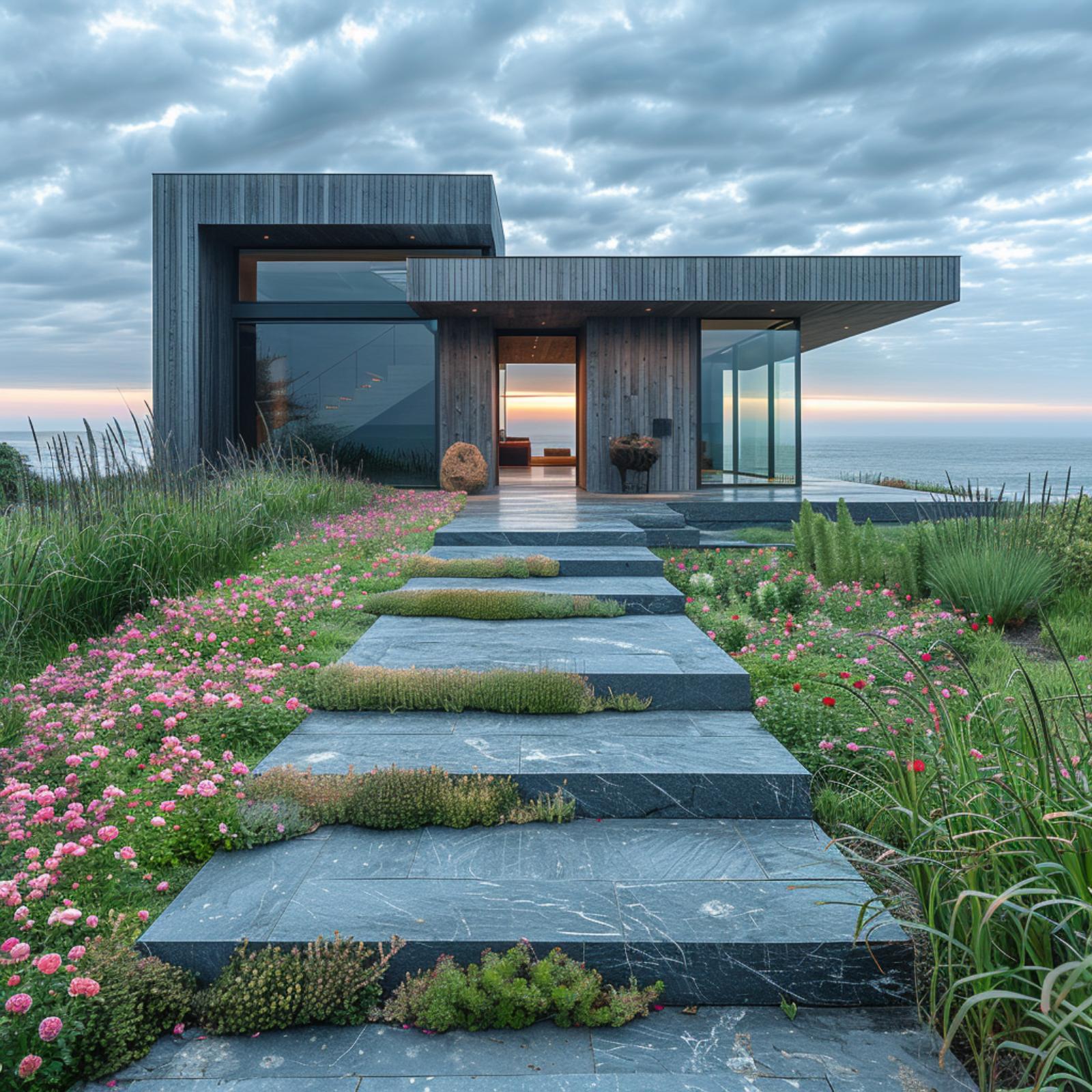 Slate Steps, Coastal Grasses, and Pink Roses Swap Out Every Square Foot of Lawn
