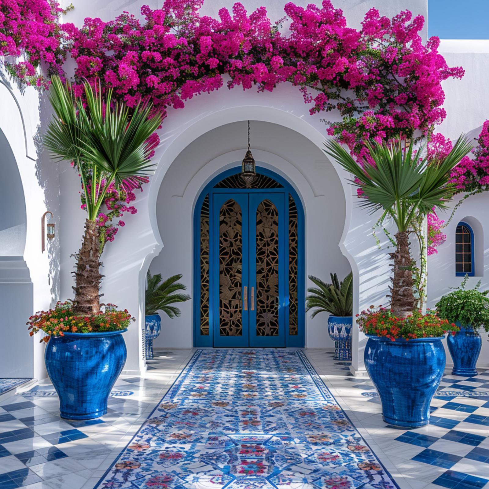 Moroccan Arched Entry, Blue Ceramic Urns, and Zero Lawn Needed
