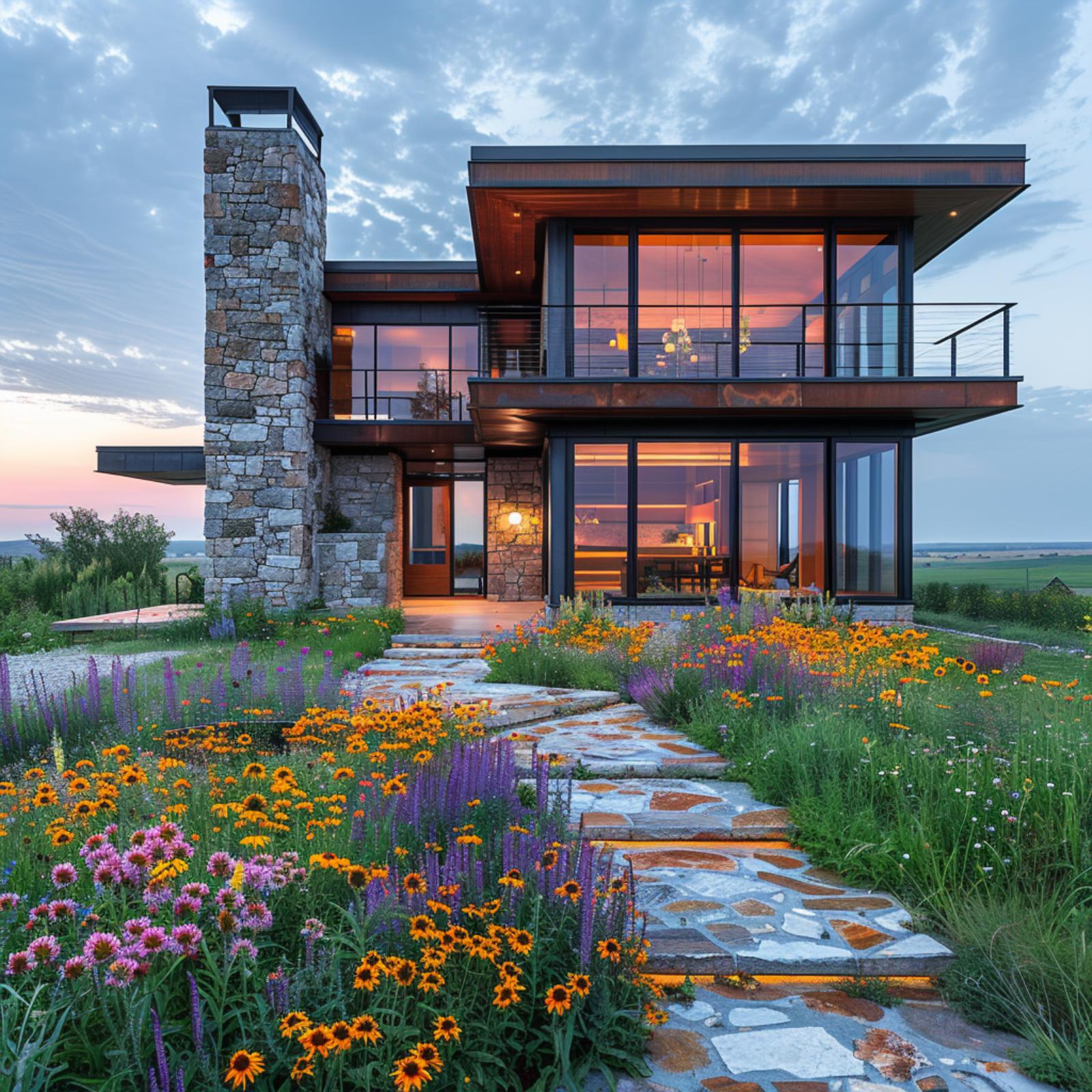 Wildflowers, Flagstone, and a Stone Chimney Tower Replace Every Blade of Grass