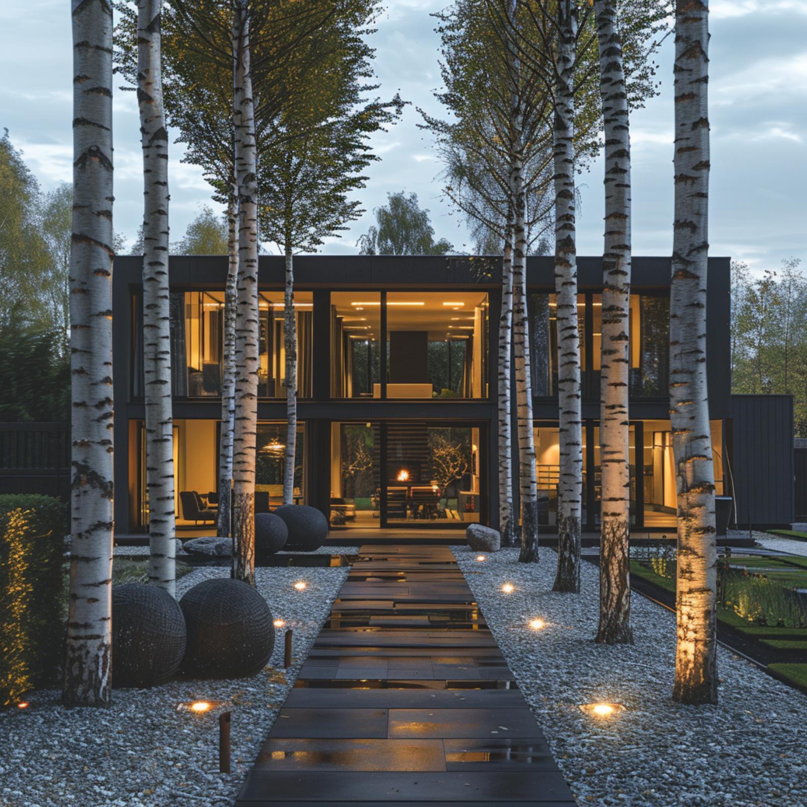 Birch Groves, Gravel Beds, and Ground Lights Replace Every Square Foot of Turf