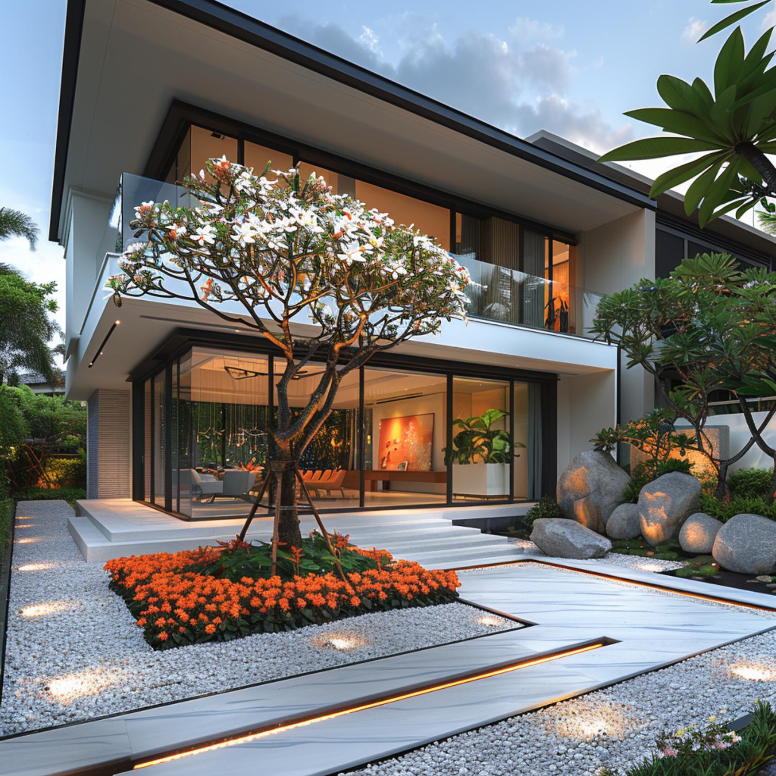 Plumeria, White Gravel, and Ground-Flush Lighting Replace Every Square Foot of Lawn