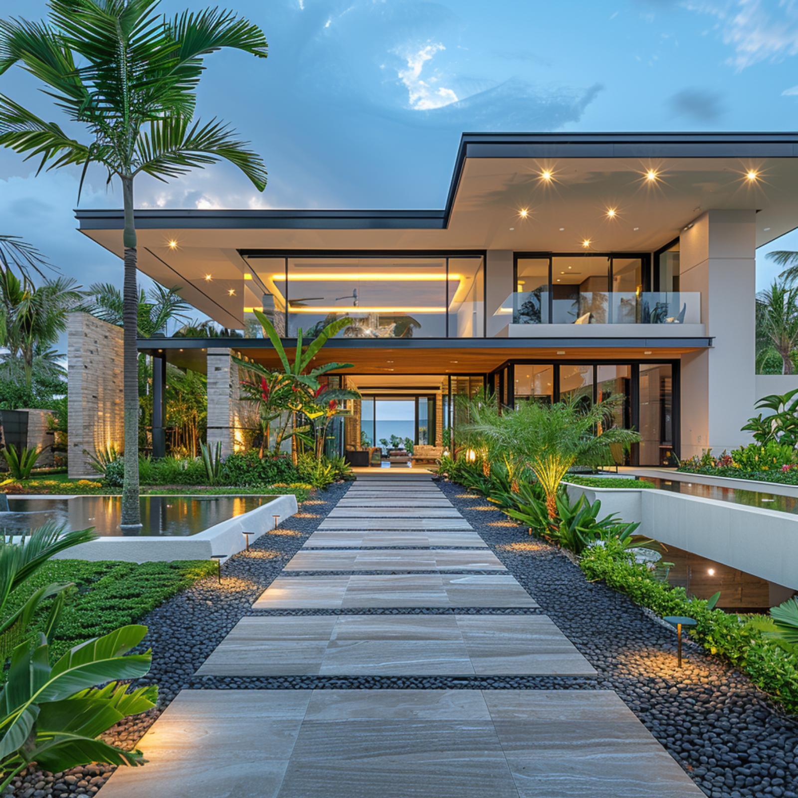 Tropical Palms, Black Pebble Beds, and Recessed Soffit Lights Do the Work Lawn Never Could