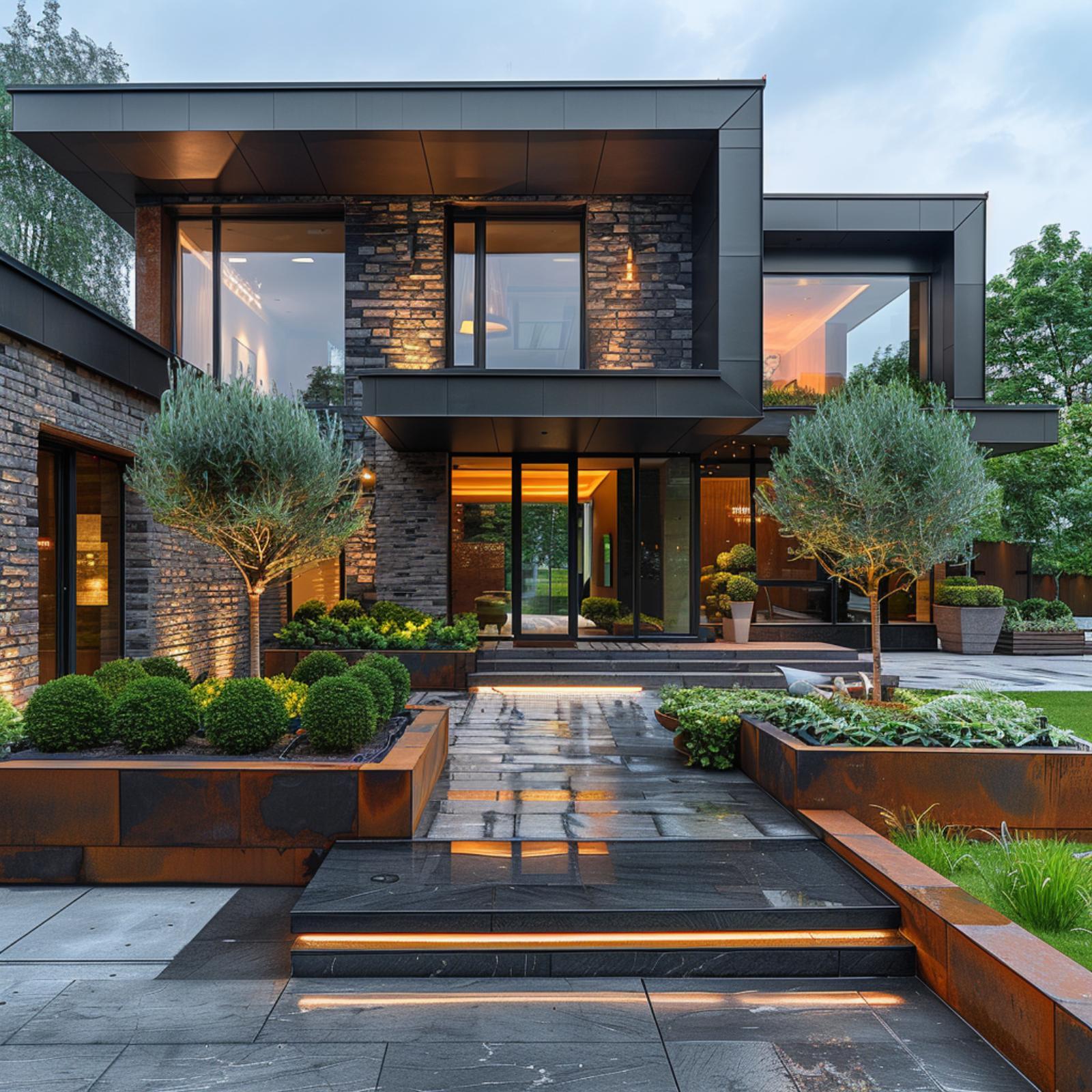 Corten Steel Planters, Olive Trees, and LED Stair Strips Retire the Lawn Permanently