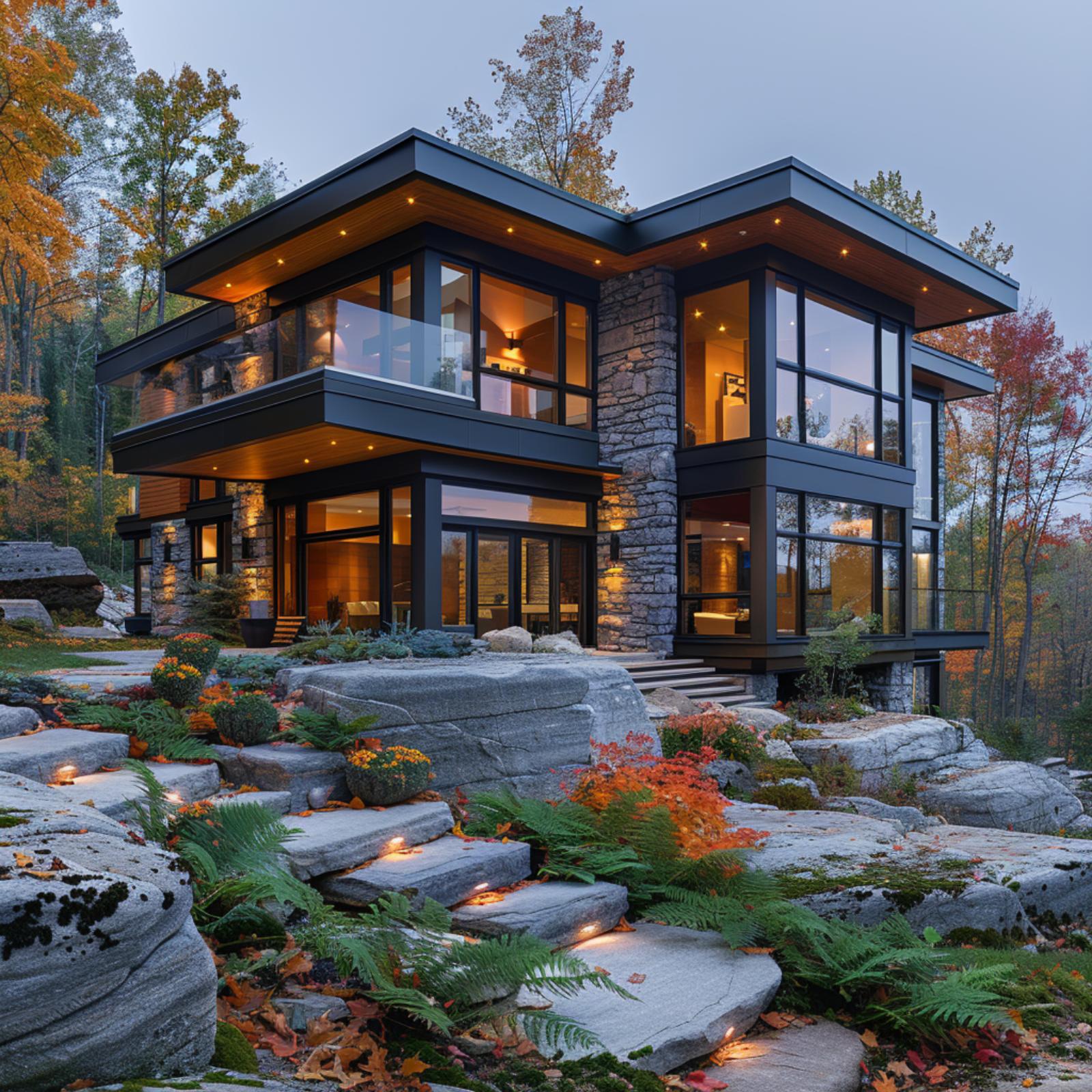 Rocky Outcroppings Replace Grass on This Two-Story Stone and Glass Exterior