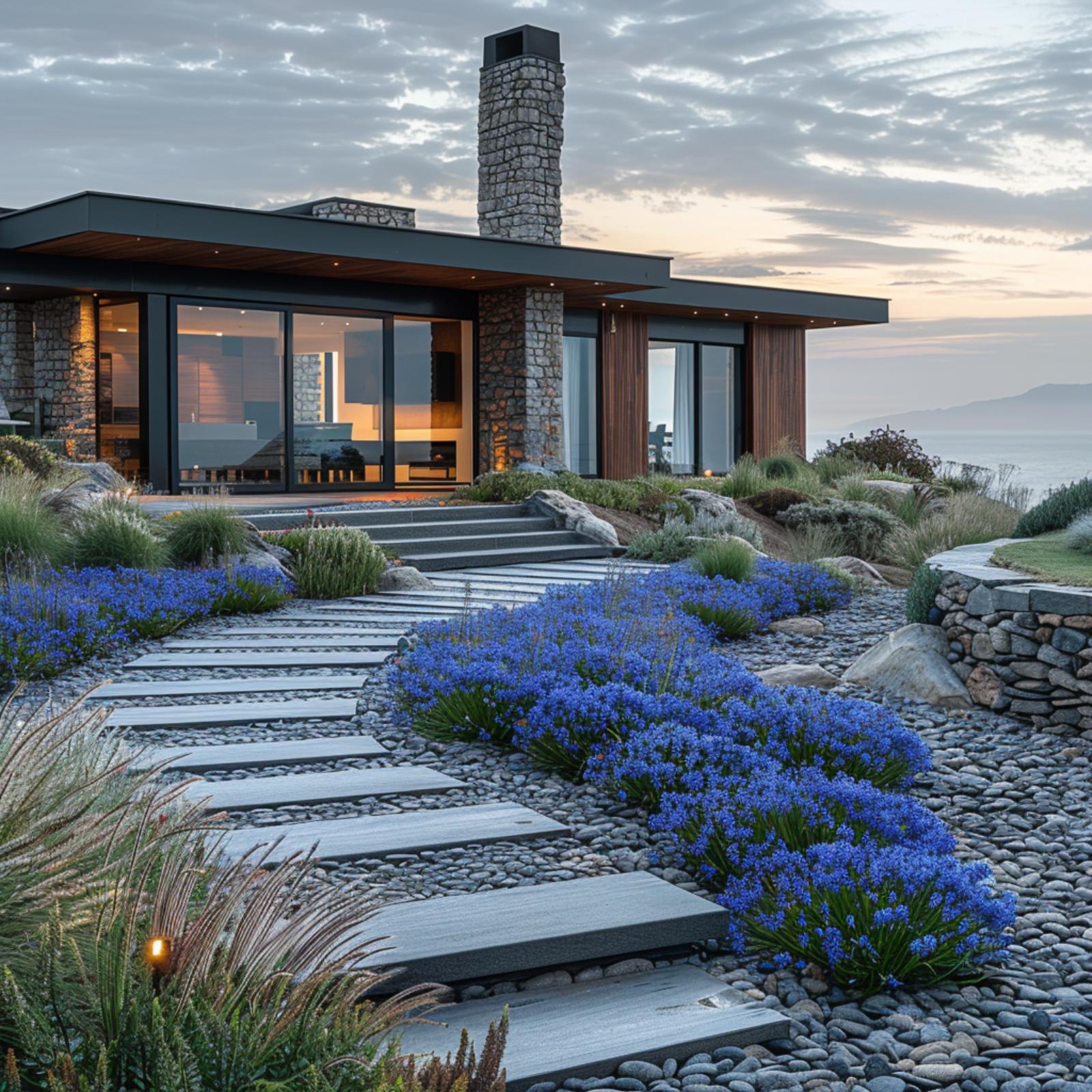 Blue Agapanthus and Slate Steppers Do the Work That Grass Usually Does
