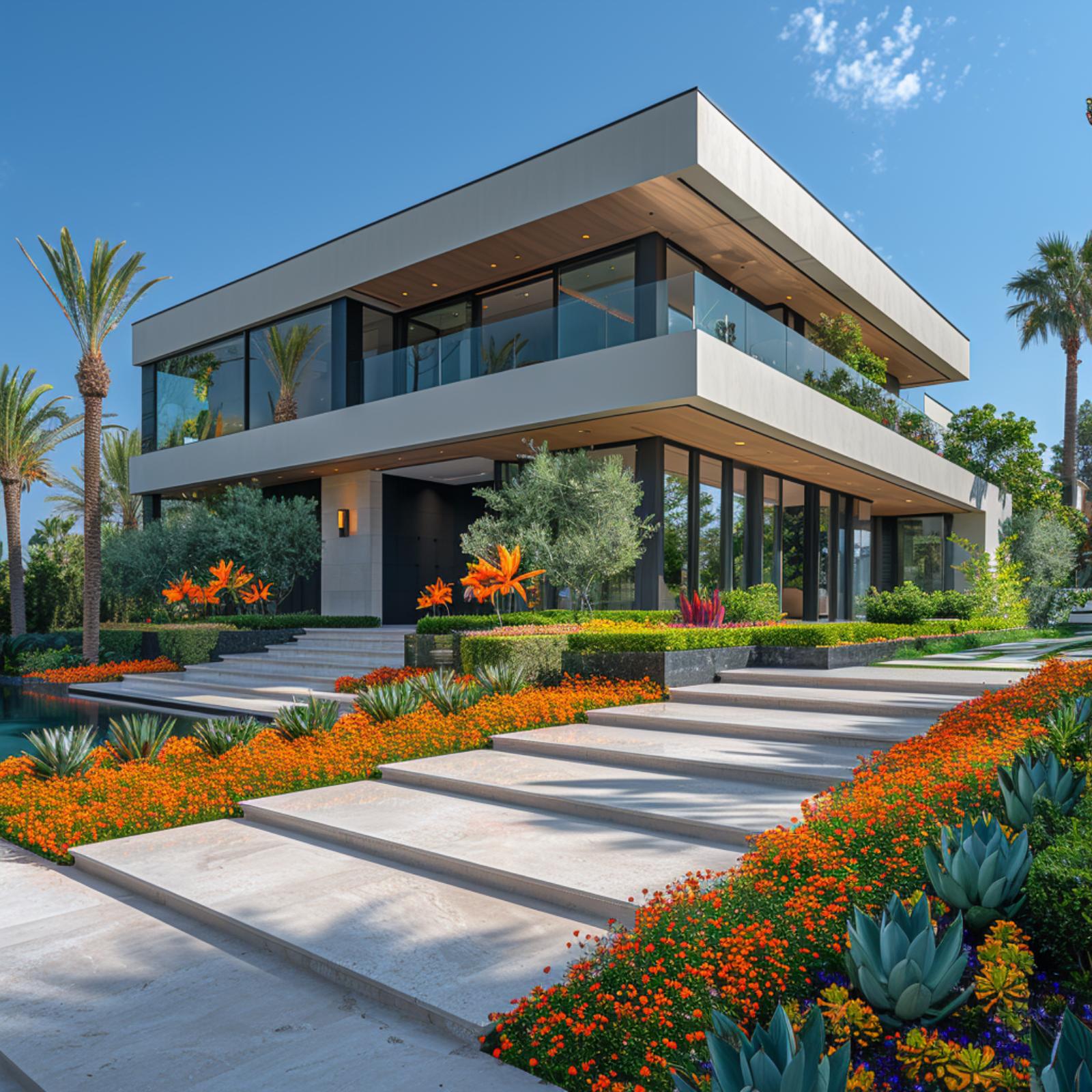 Travertine Steps, Orange Blooms, and Agave Clusters Prove Lawn Was Never the Point