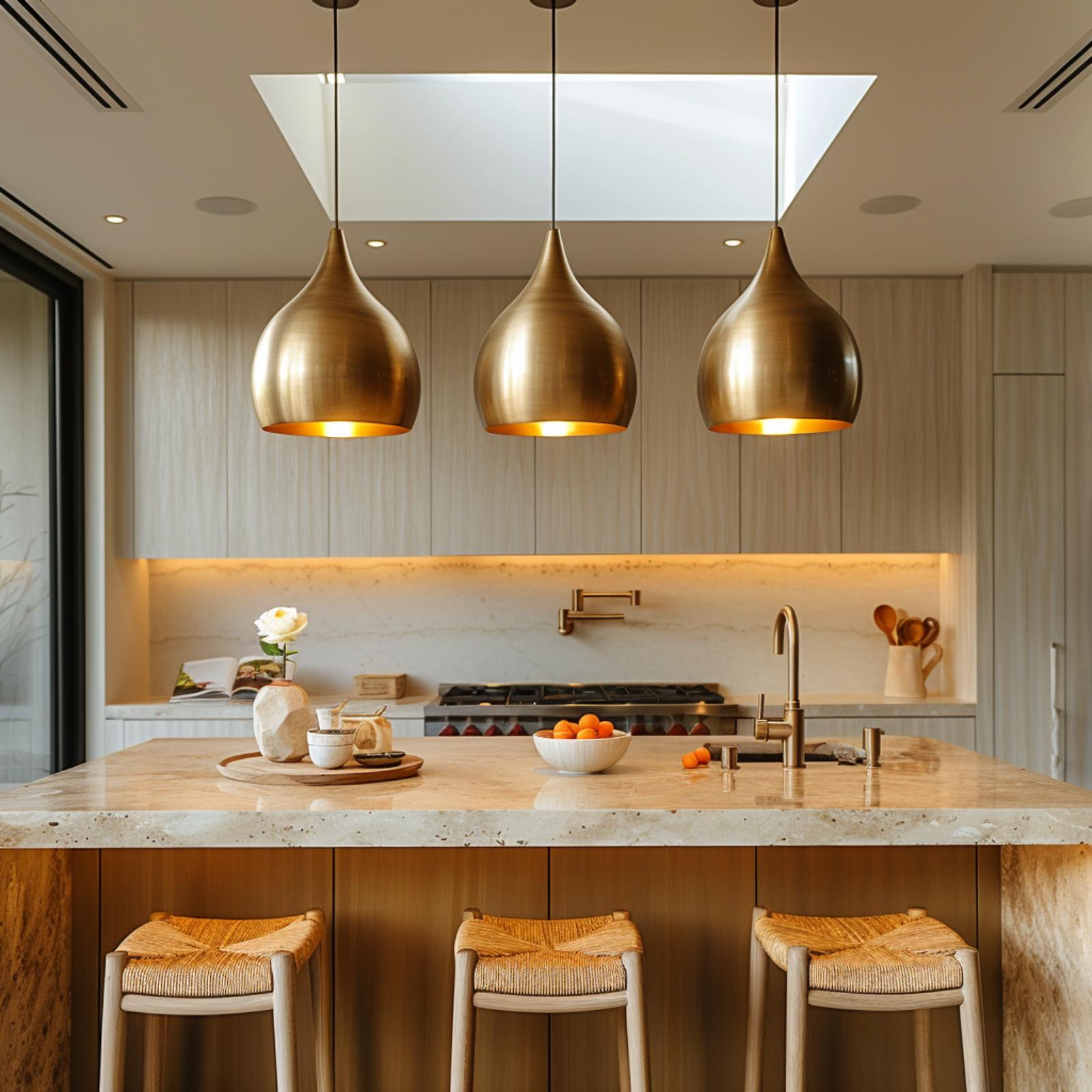 Brushed Brass Pendants Over Travertine Prove Japandi Doesn't Run Cold