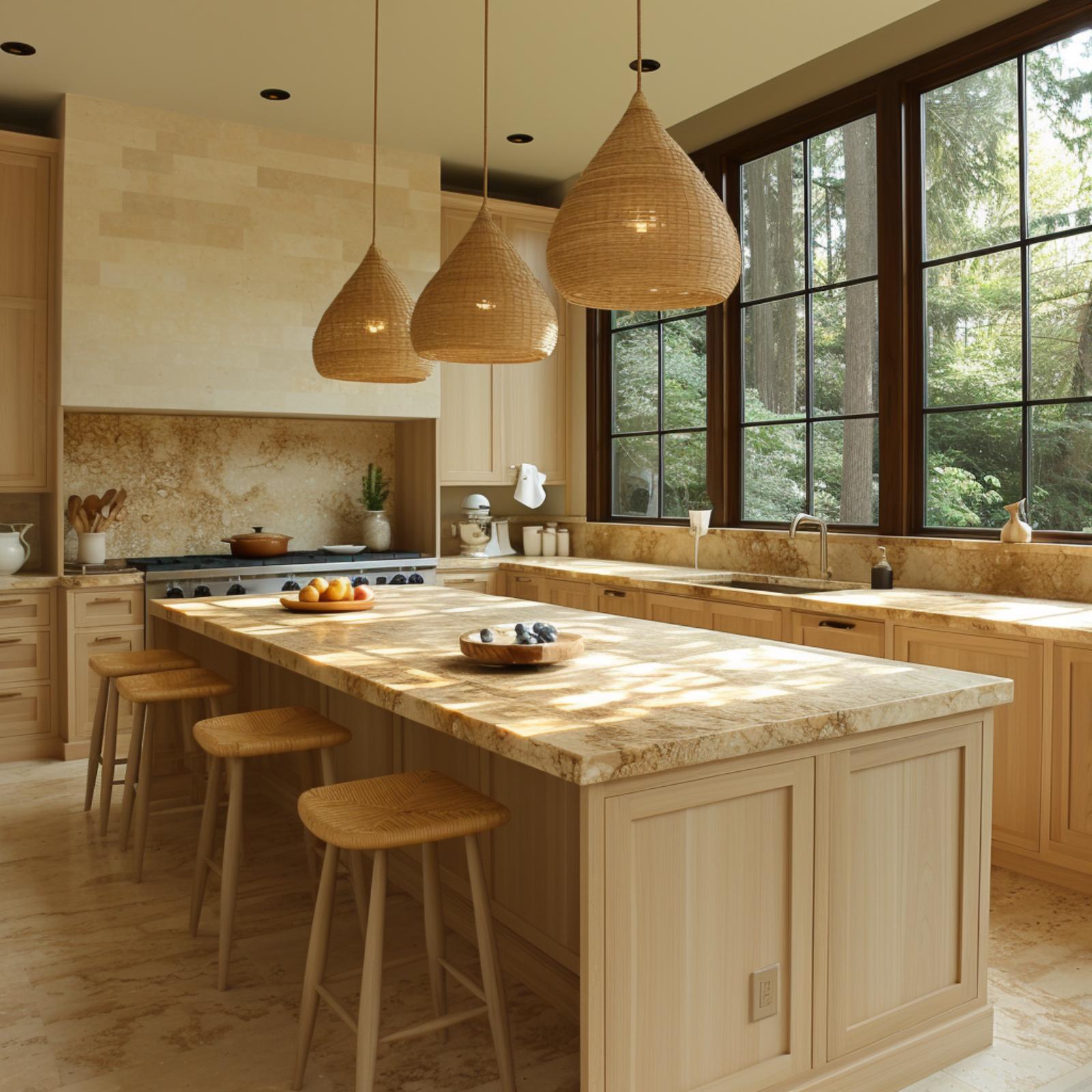 Woven Rattan Pendants and Forest-View Windows Make Warmth Feel Earned Here