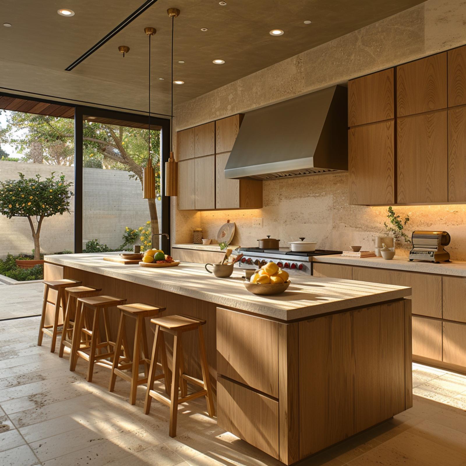 Travertine Backsplash and Brass Pendants Make Warmth Look Like a Default Setting