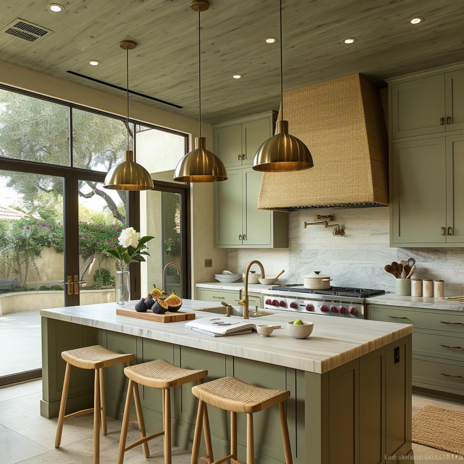 Brass Pendants and a Woven Range Hood Make Warmth Feel Structural, Not Decorative