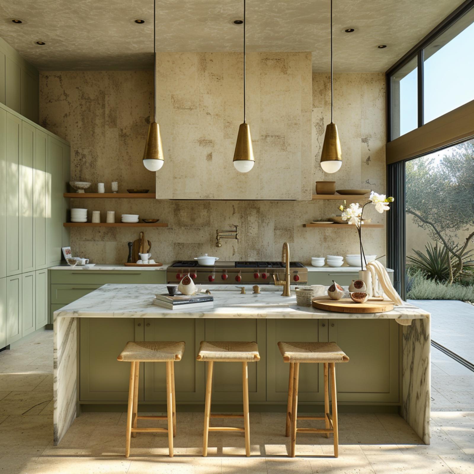 Sage Cabinets and a Waterfall Marble Island Settle the Warmth Question Early