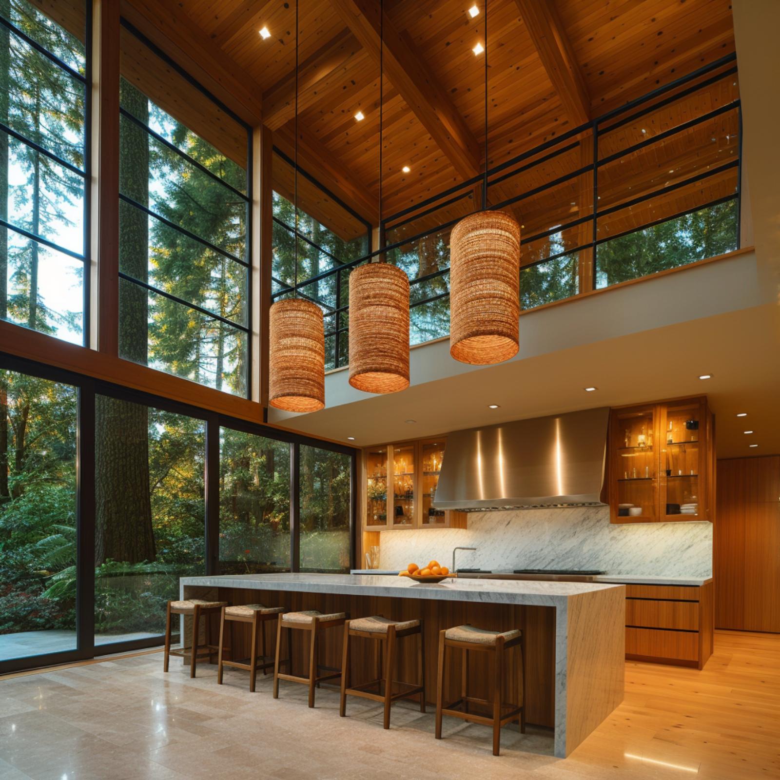 Woven Rattan Pendants and a Double-Height Forest Wall Make Warmth Hard to Argue Against