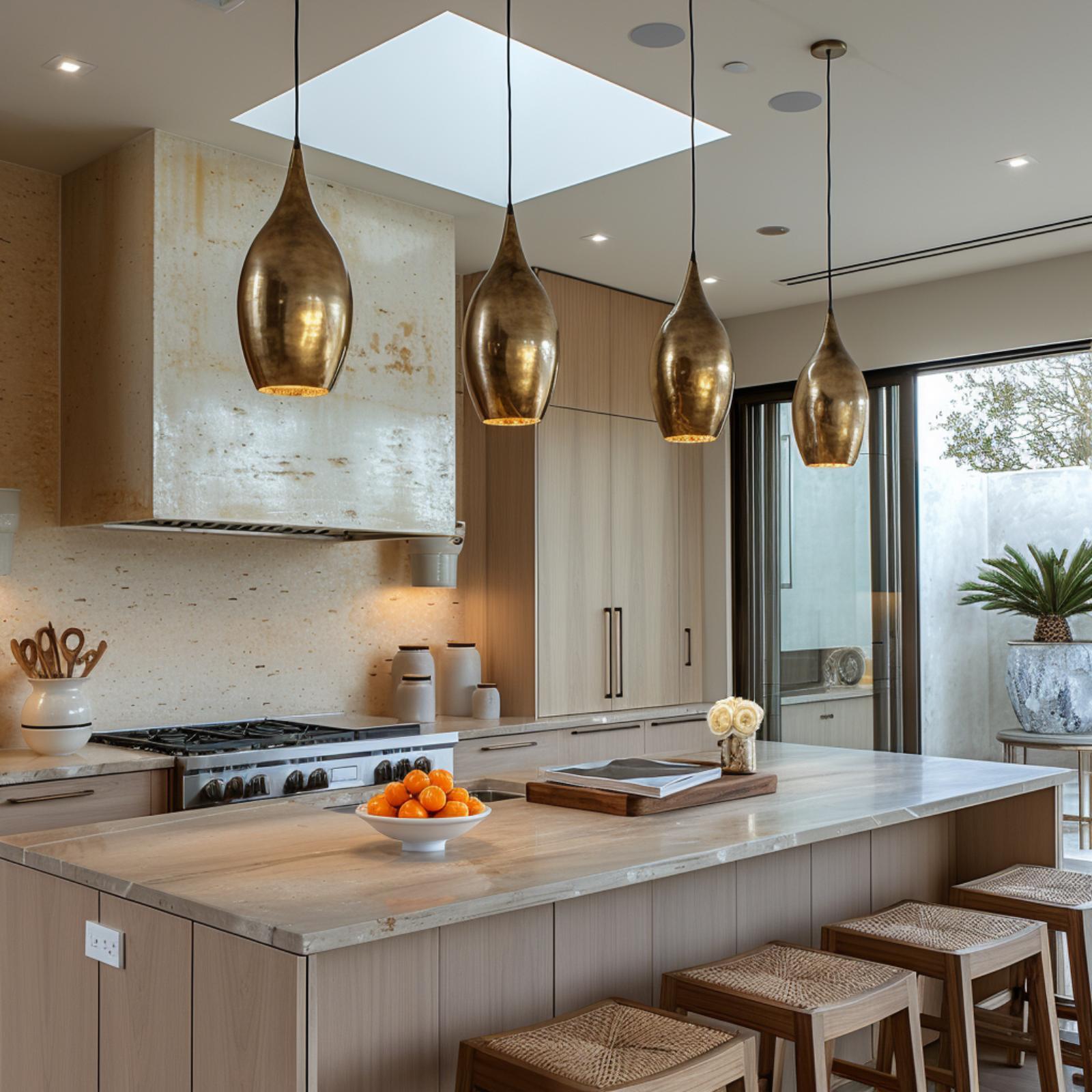 Aged Brass Pendants and a Skylight Do the Warming Work Here