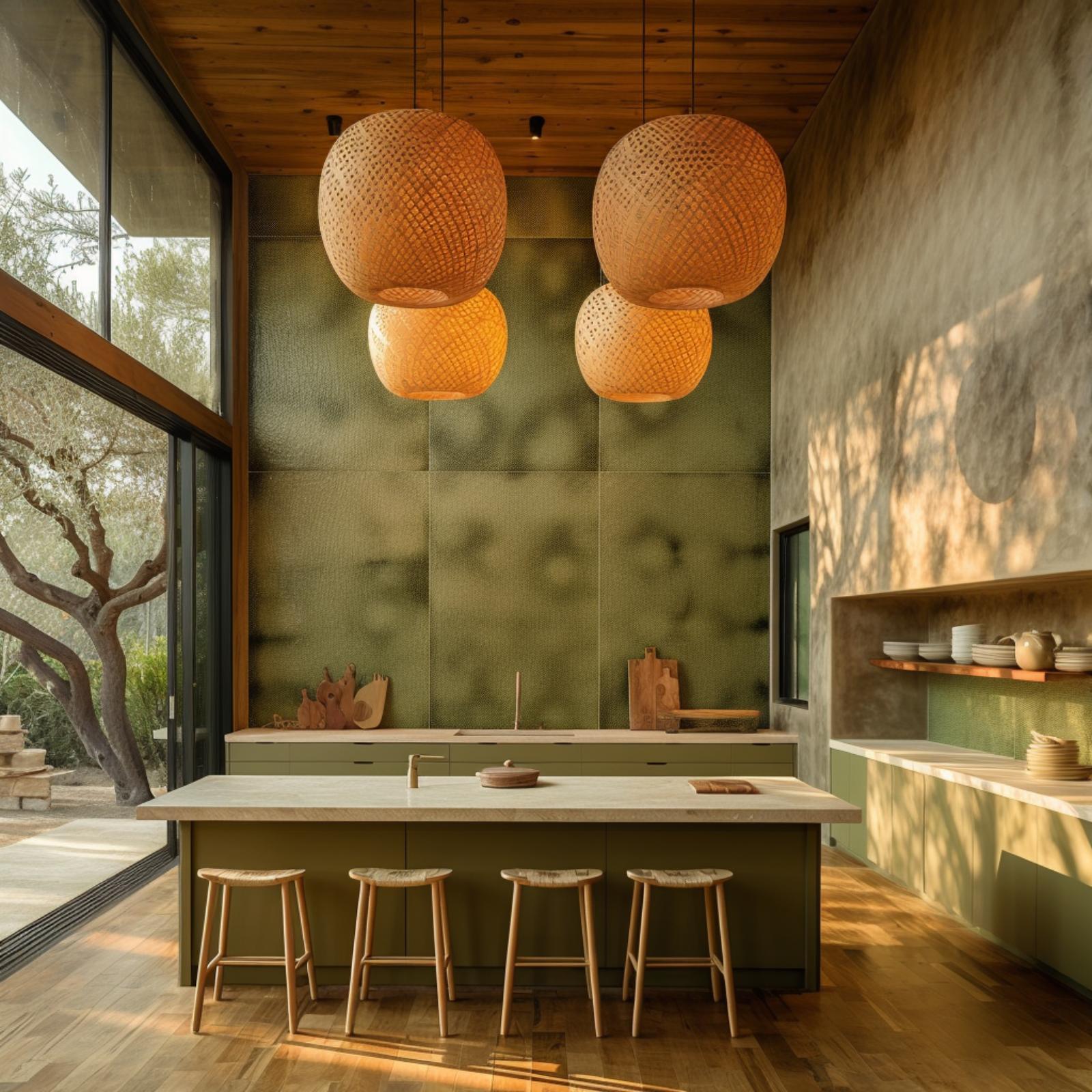 Woven Pendants and Olive Cabinetry Make the Warmth Question Feel Already Answered