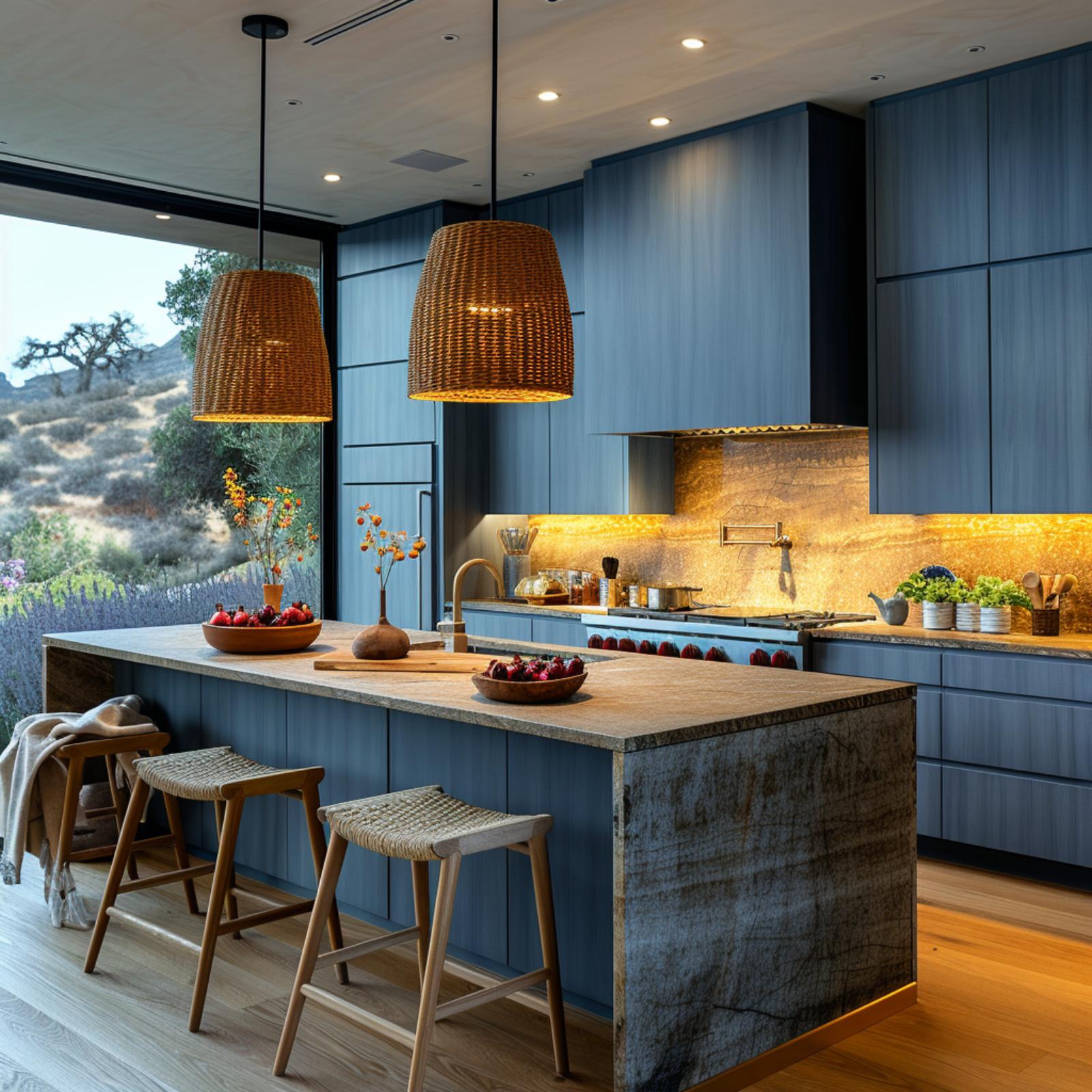 Slate-Blue Cabinetry and a Glowing Onyx Backsplash Make Warmth Feel Geological