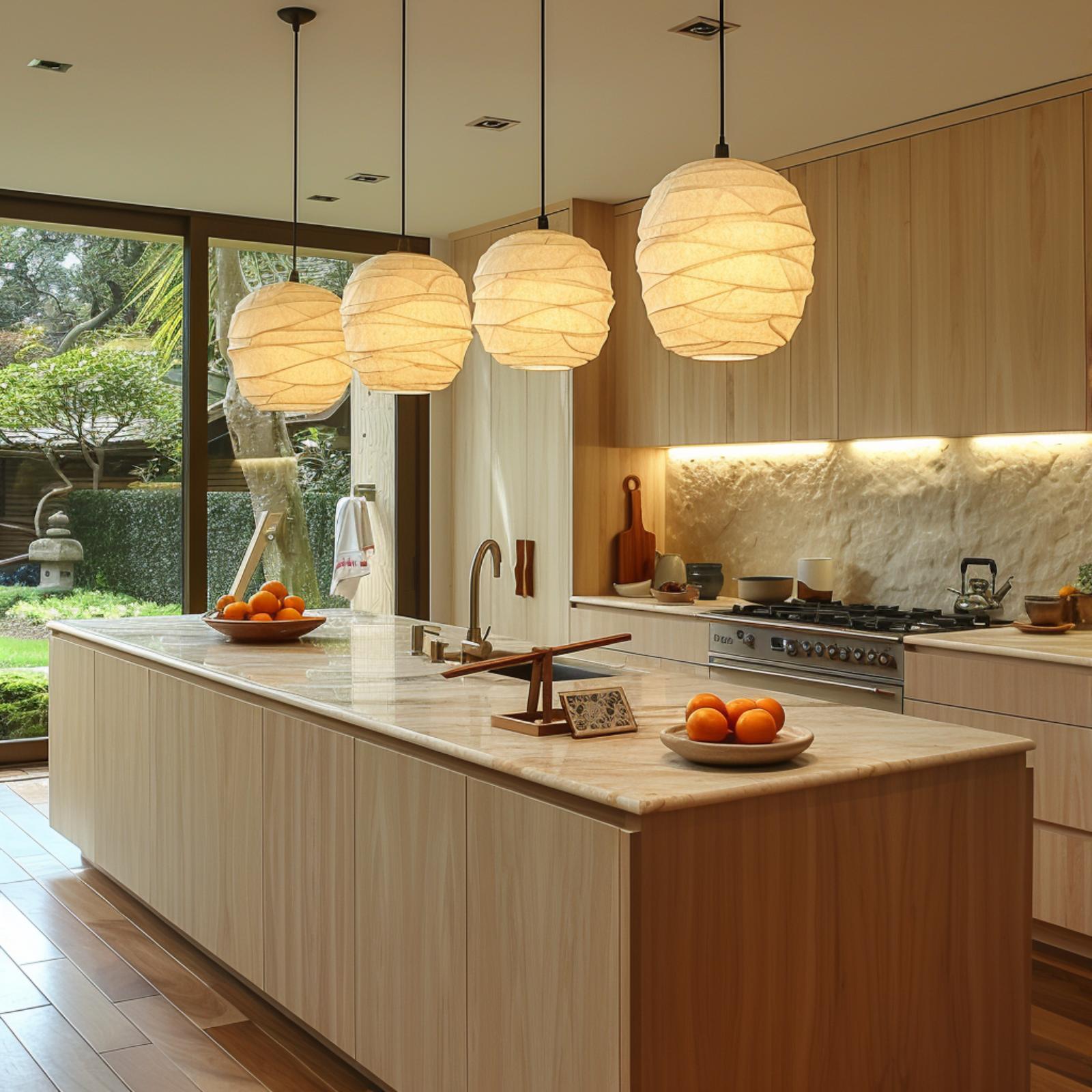 Rice Paper Pendants and Blonde Wood Dare Warmth to Stay Put