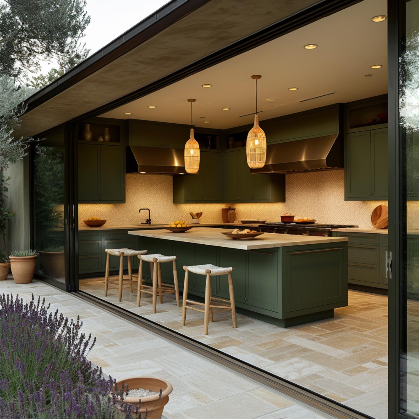 Olive Cabinetry and Rattan Pendants Pull the Outdoors In Without Losing the Kitchen