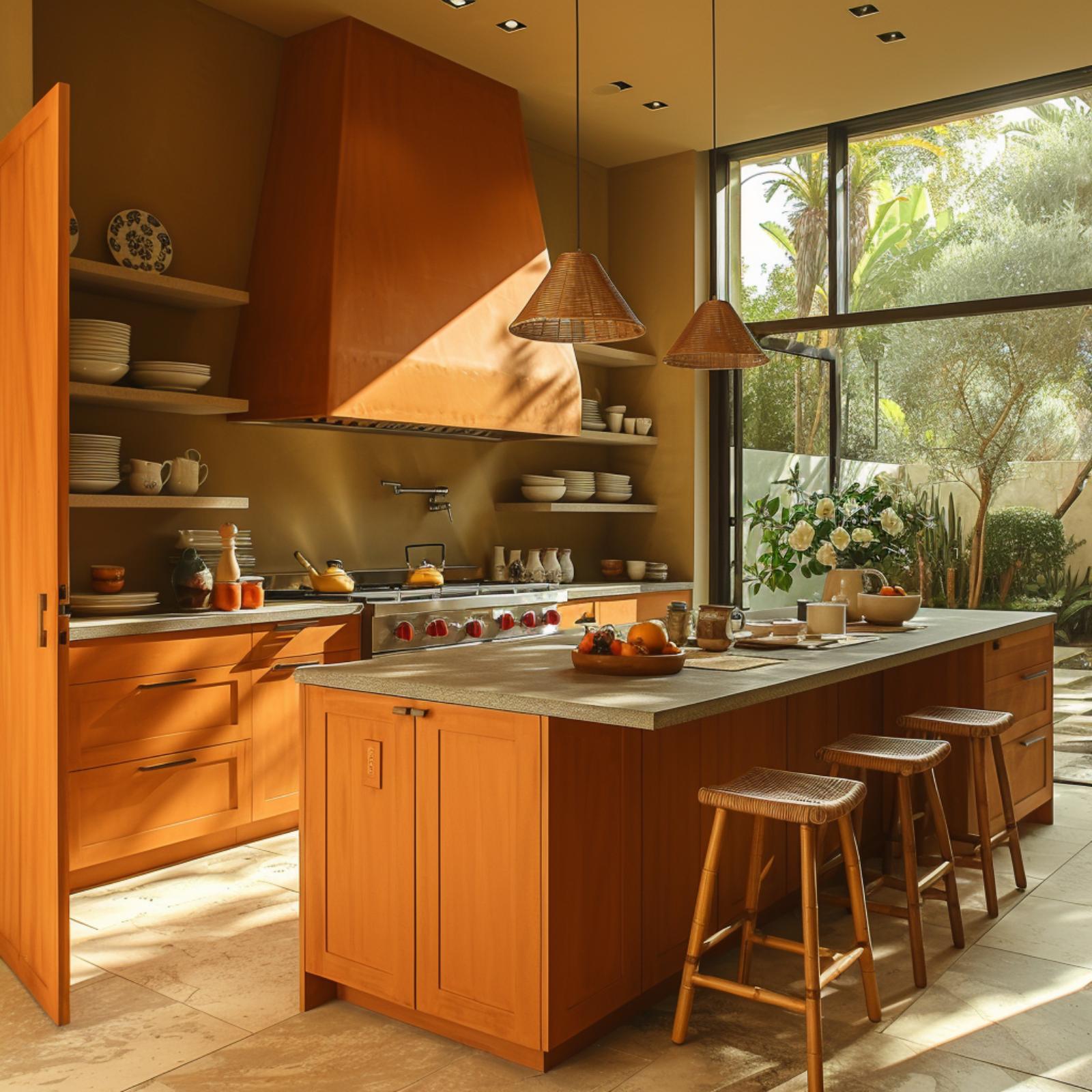 Marigold Cabinetry and Rattan Pendants Make Warmth Feel Like the Default Setting