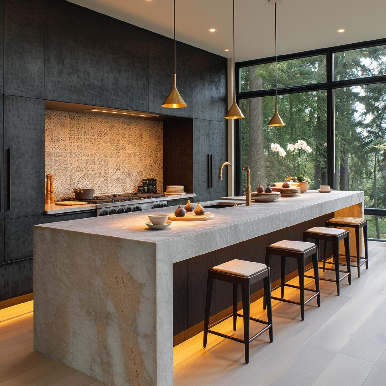 Brass Pendants and Forest Glass Make the Warmth Do Double Duty