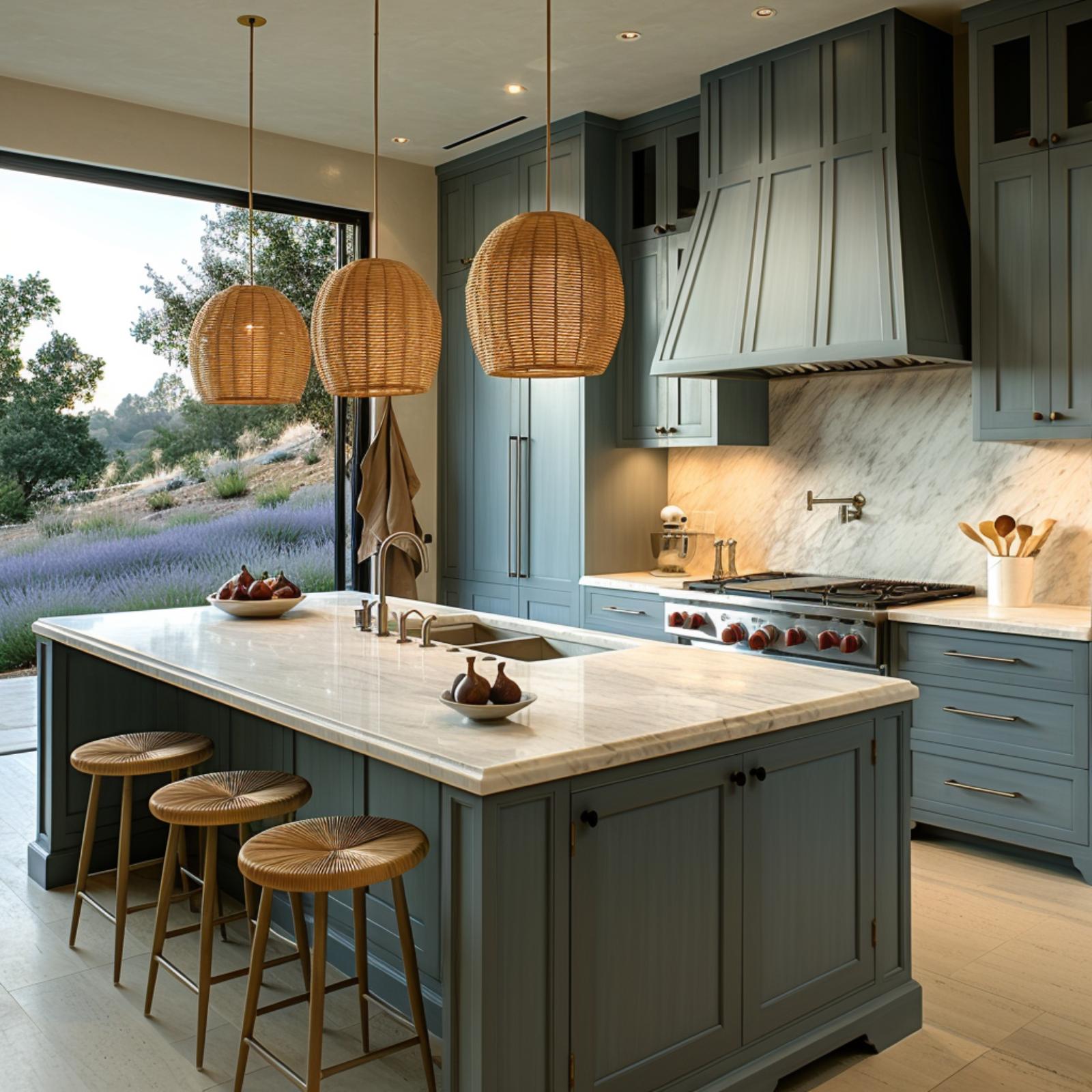 Slate-Blue Cabinetry and Wicker Pendants Win the Warmth Debate at Dusk