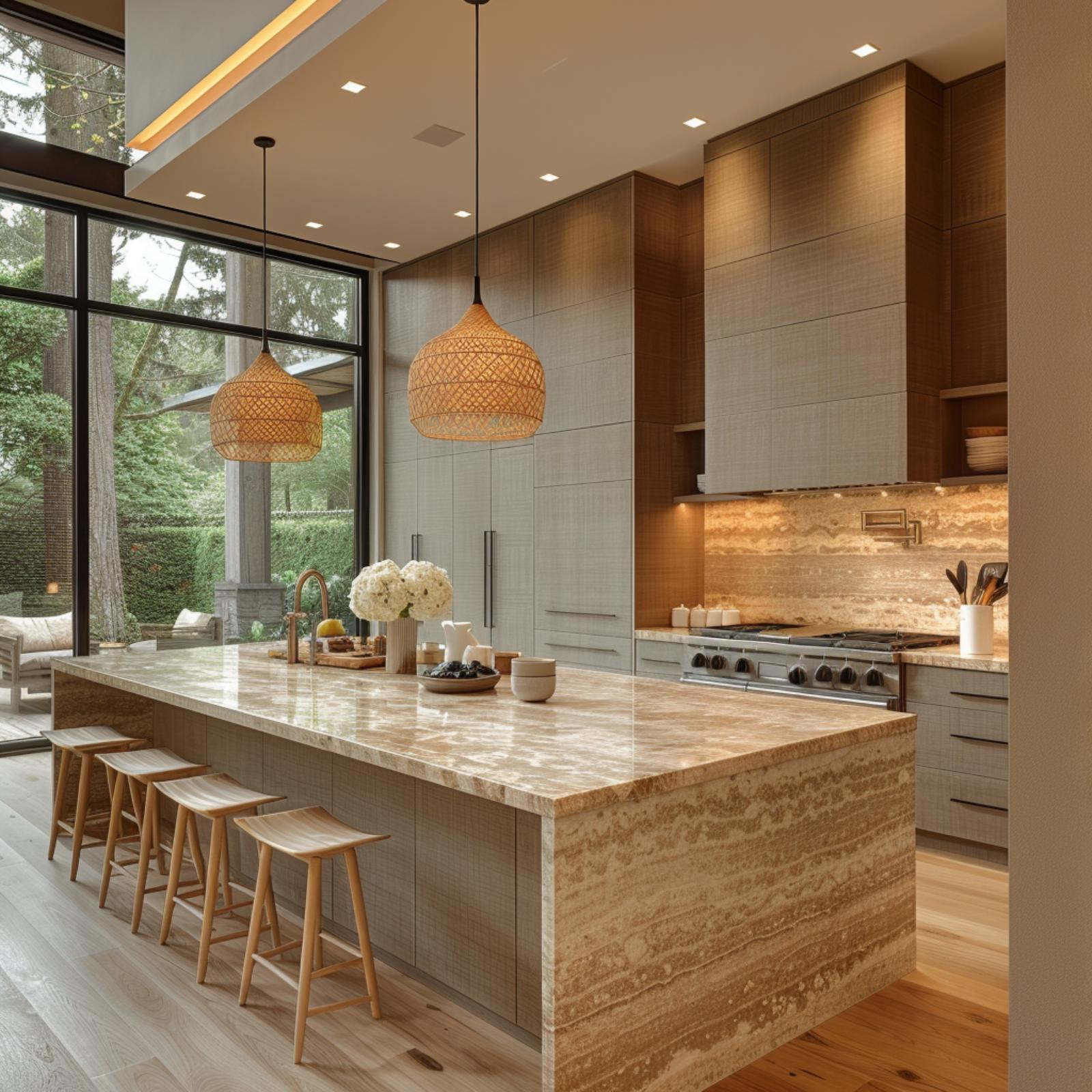 Waterfall Travertine and Woven Rattan Make Warmth Feel Structural, Not Decorative