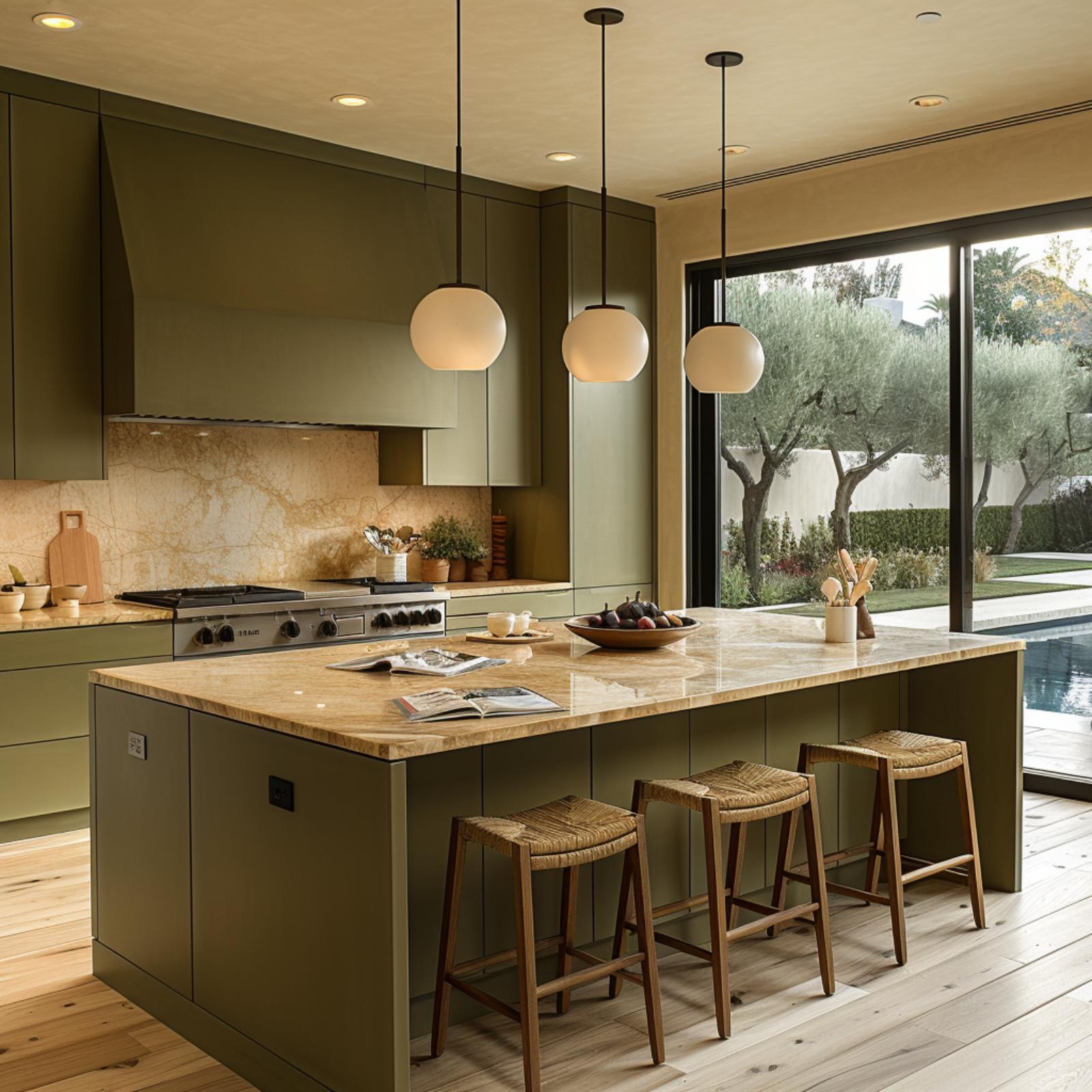Olive Cabinetry and Globe Pendants Make a Case for Color in Japandi Design
