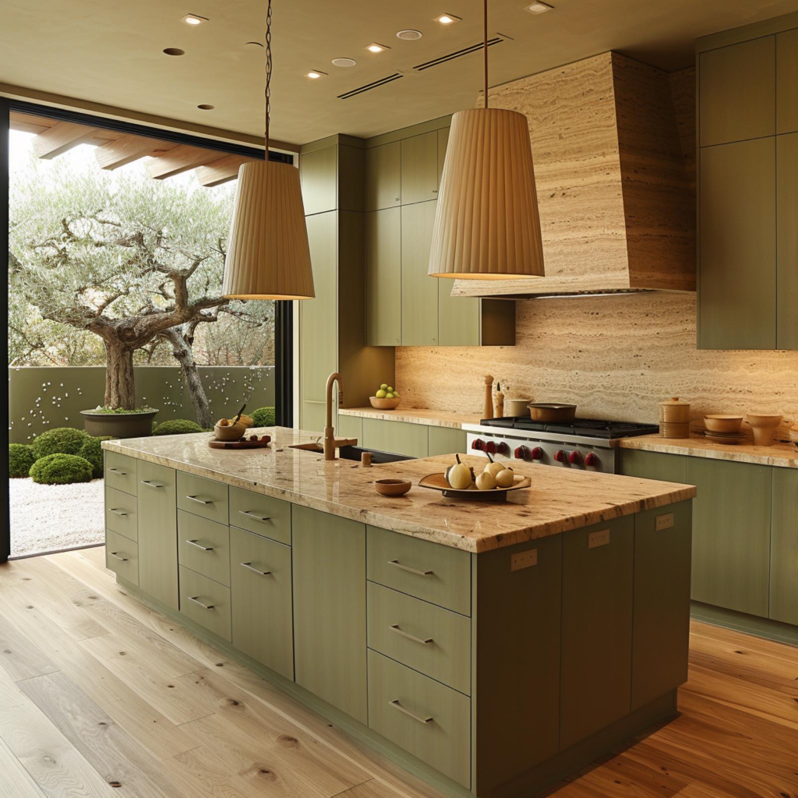 Sage Cabinets and Travertine Stone Work Together So the Room Doesn't Have To