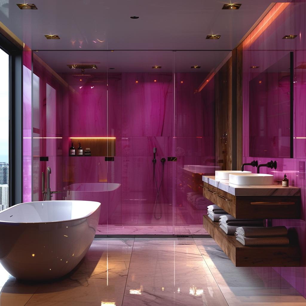 Magenta Glass Panels, a Freestanding Tub, and Walnut Vanity Splitting the Drama