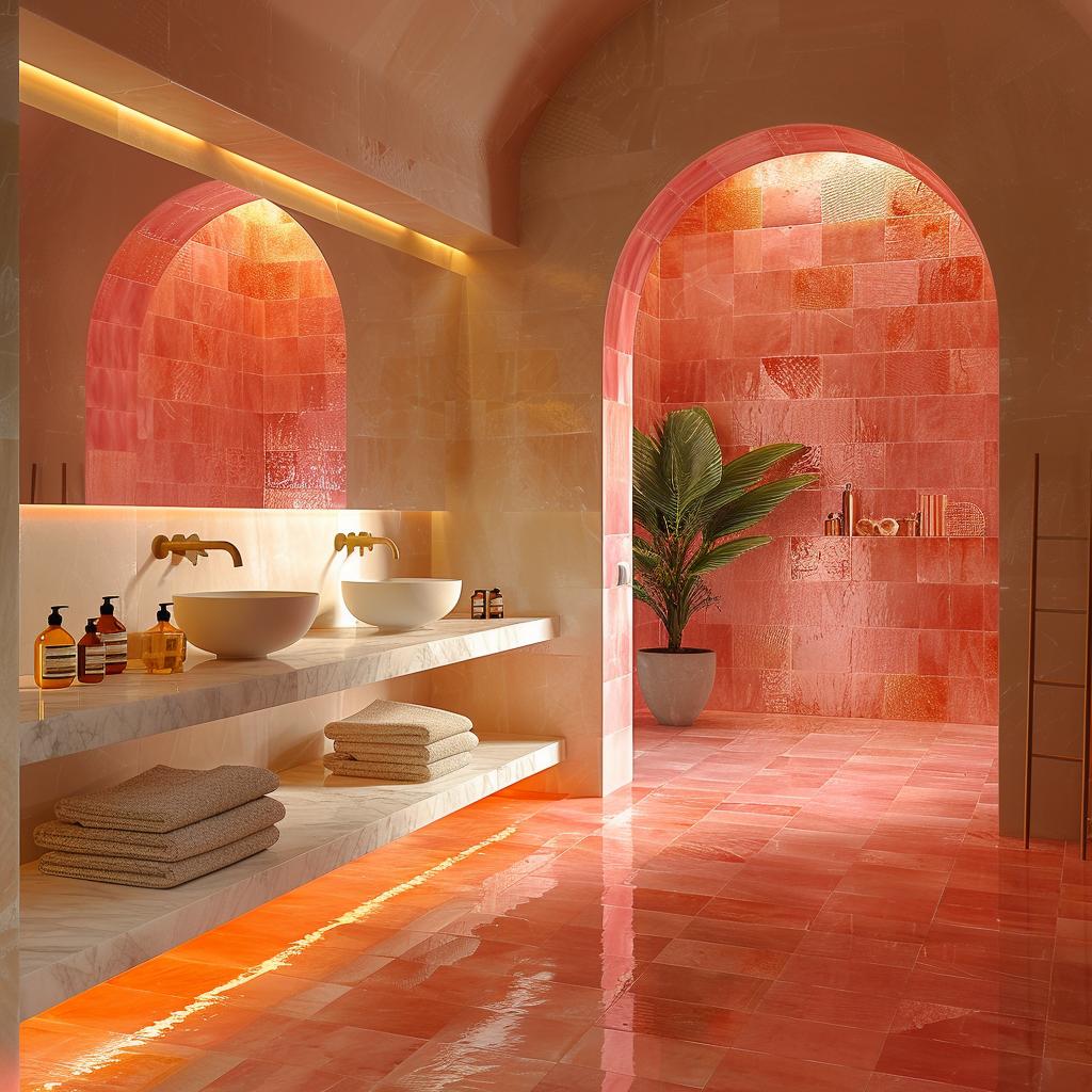 Coral Zellige Walls, Arched Niches, and Marble Shelving Splitting the Warmth