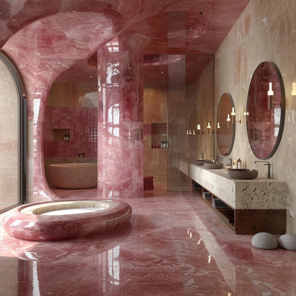 Pink Marble Columns, a Sunken Tub, and Terrazzo Holding the Balance
