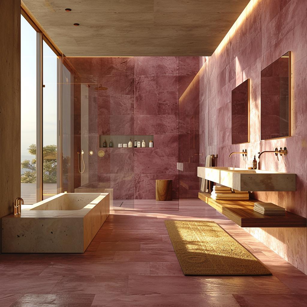 Dusty Pink Stone Tiles, a Concrete Ceiling, and Brass Fixtures Holding the Warmth Together