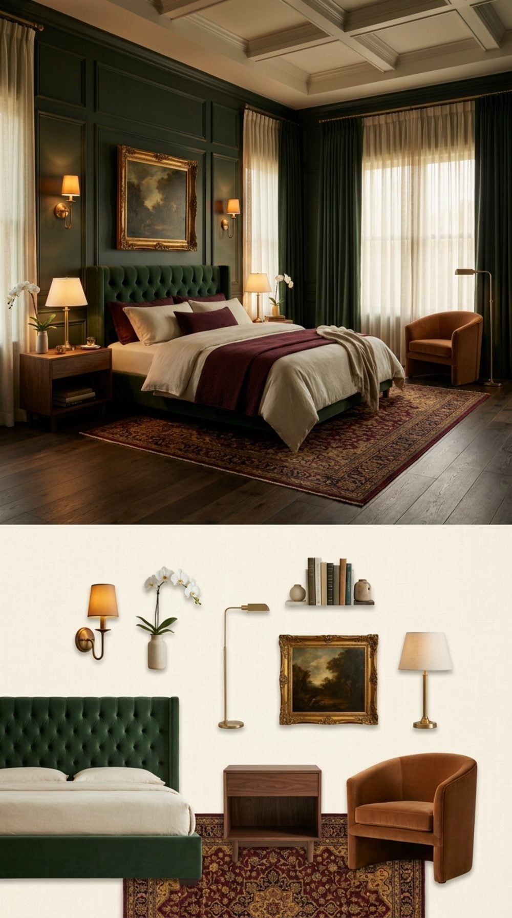Moody Forest Green Bedroom with Aged Brass, Velvet, and Paneled Walls
