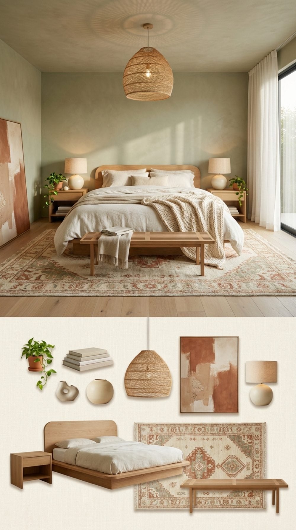 Sage Green Bedroom with Plaster Walls, Linen, and Warm Oak in California Modern Style